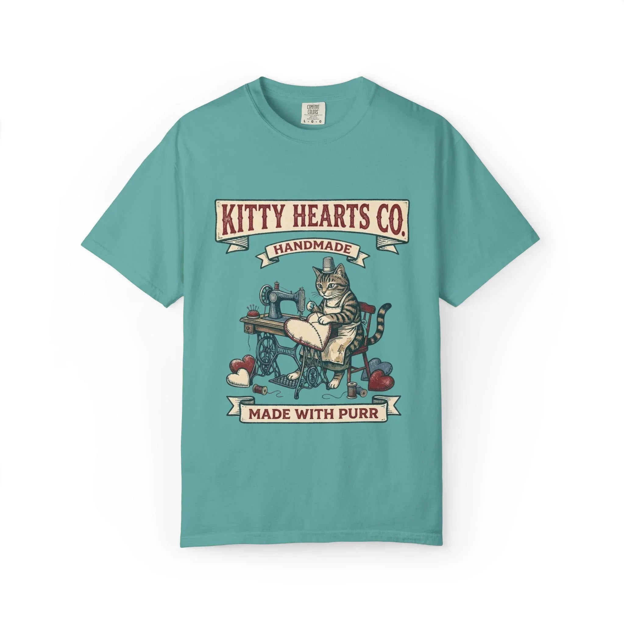 Kitty Hearts Co T-Shirt | Vintage Sewing Cat Made With Purr Graphic Tee | Retro Craft Cat Lover Gift Shirt Seafoam