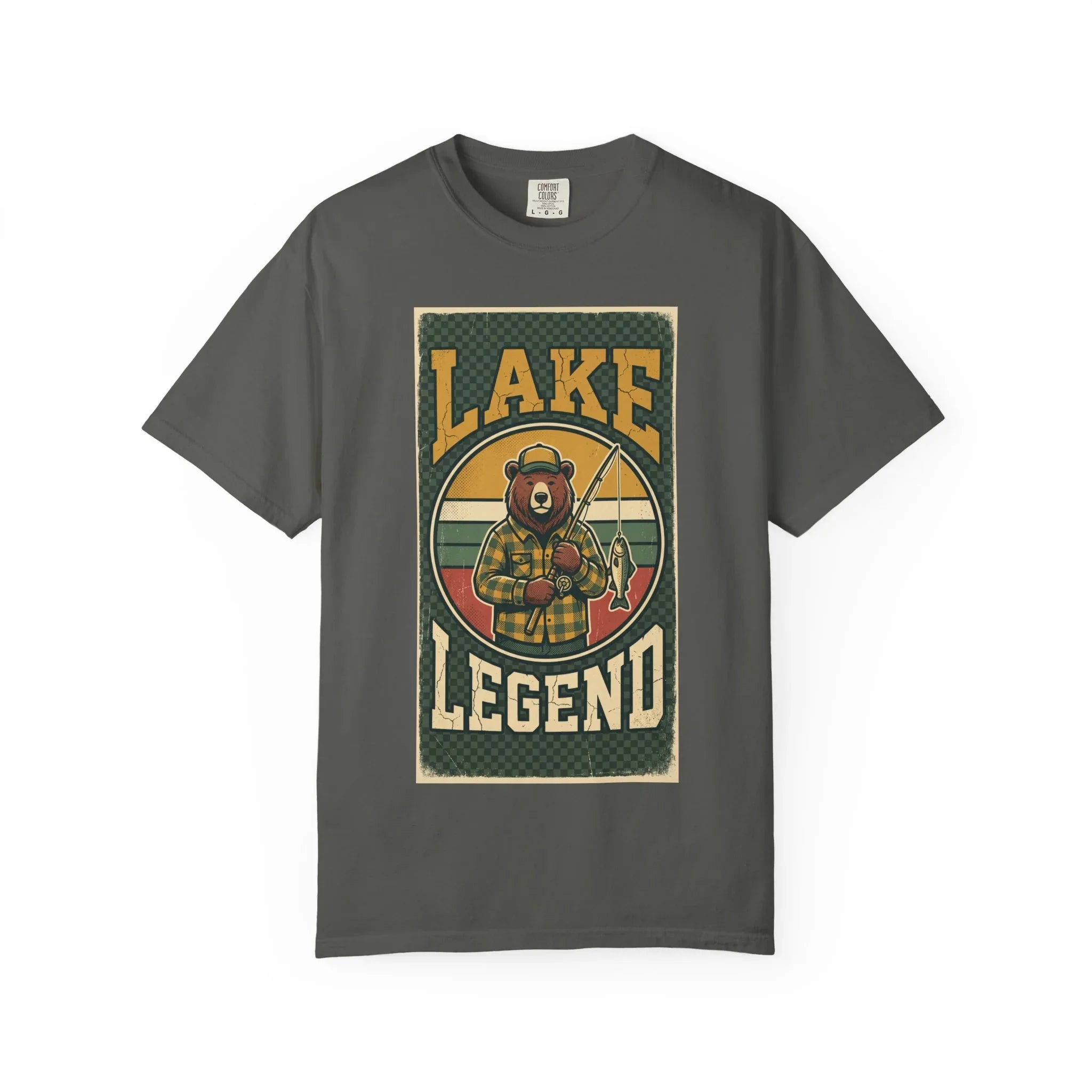 Lake Legend Bear Fishing T-Shirt | Retro Outdoors Graphic Tee | Vintage Cabin Lake Life Shirt | Garment-Dyed Heavyweight Unisex Pepper