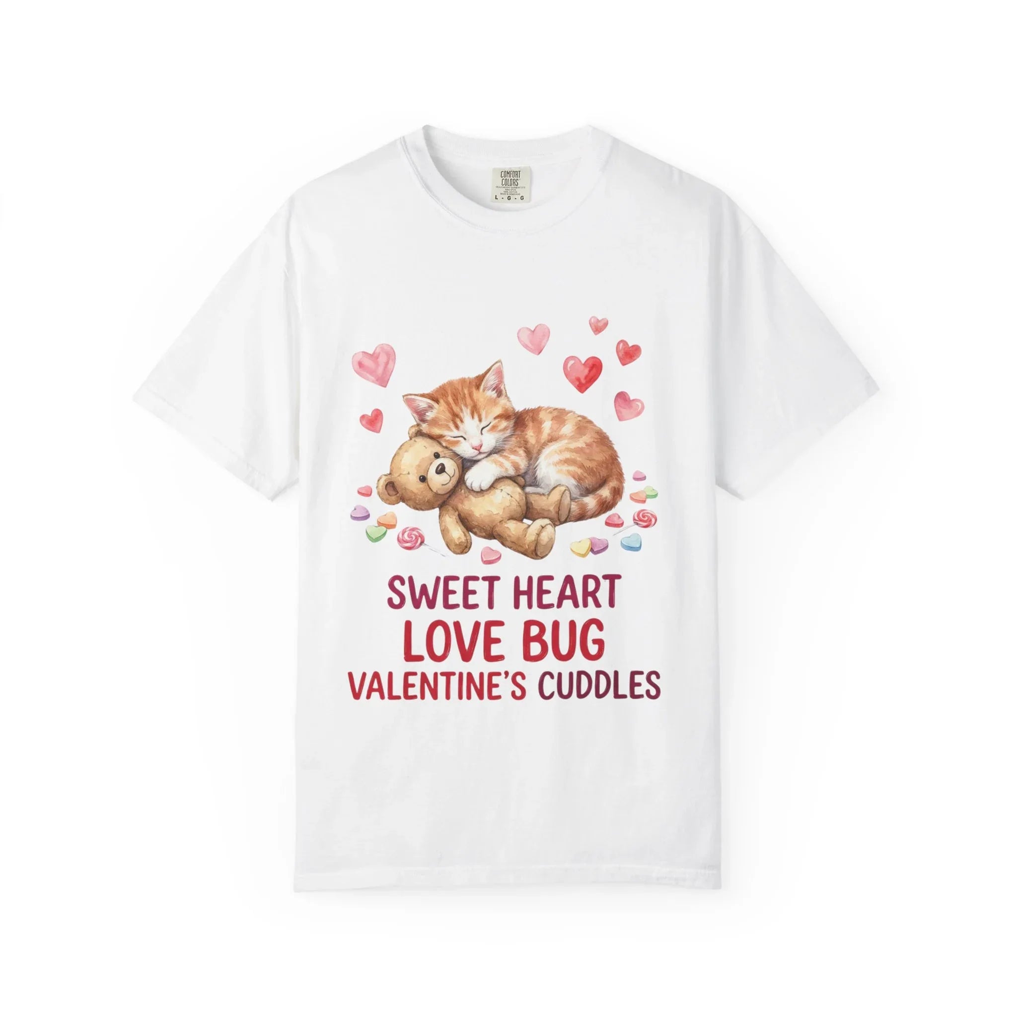 Sleeping Kitten with Teddy Bear Valentine T-Shirt | Sweetheart Love Bug Cuddles | Cozy Vintage Aesthetic | Cute Romantic Gift
