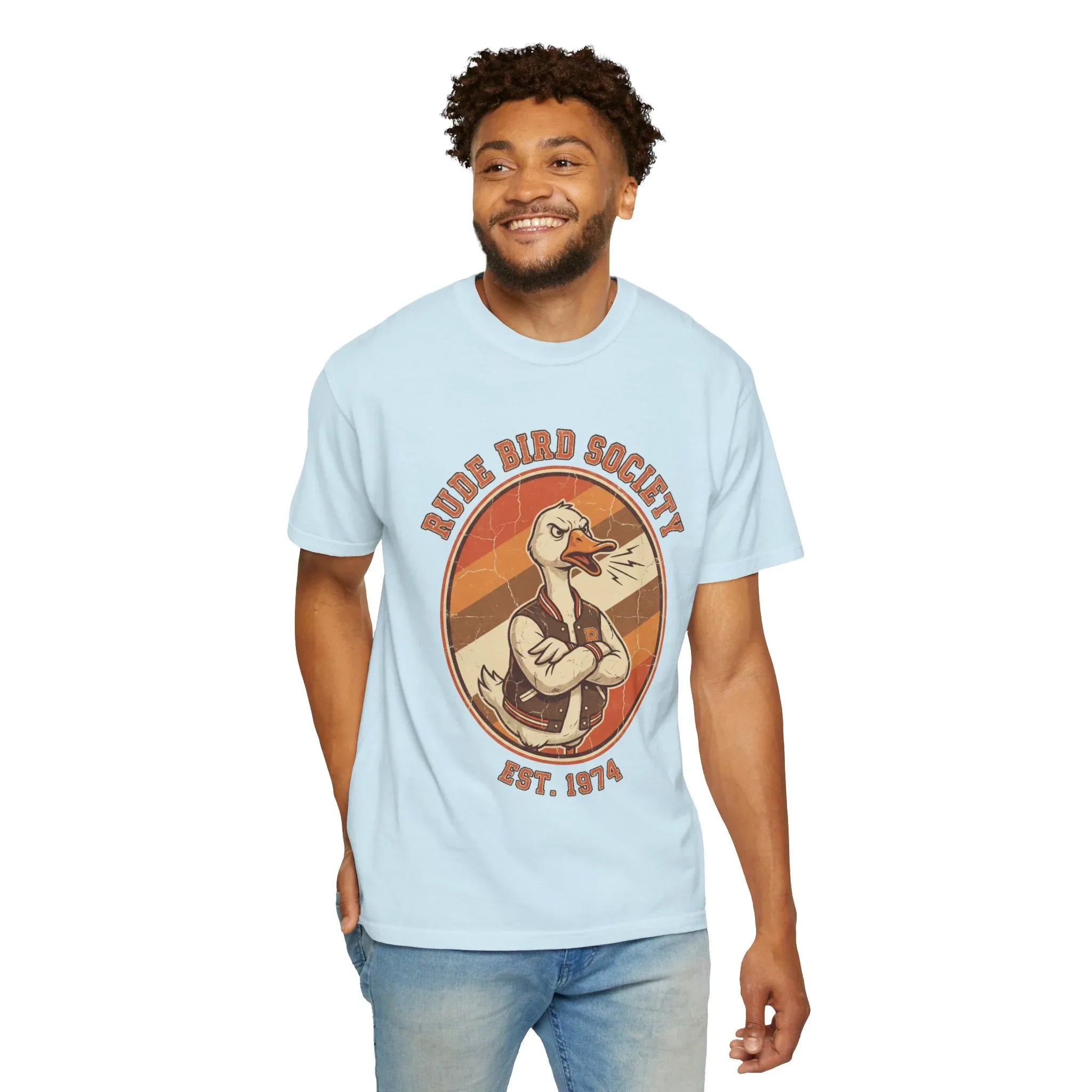 Dude Bird Society Goose T-Shirt | Retro Vintage Badge Est 1974 | Sunset Stripes Graphic | Garment-Dyed Heavyweight Unisex Chambray