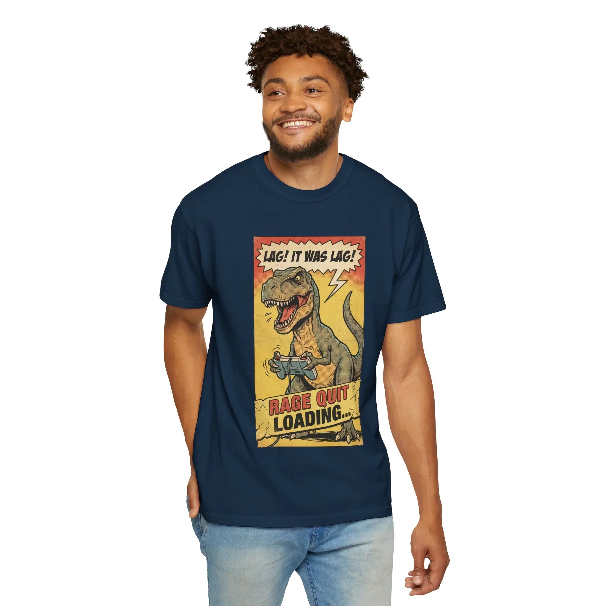 Funny Gamer T-Rex Shirt - "Lag! It Was Lag!" Retro Gaming Tee - Sarcastic Rage Quit Loading Dinosaur T-Shirt - Vintage Console Gamer Gift - Funny Video Game Graphic Apparel True Navy