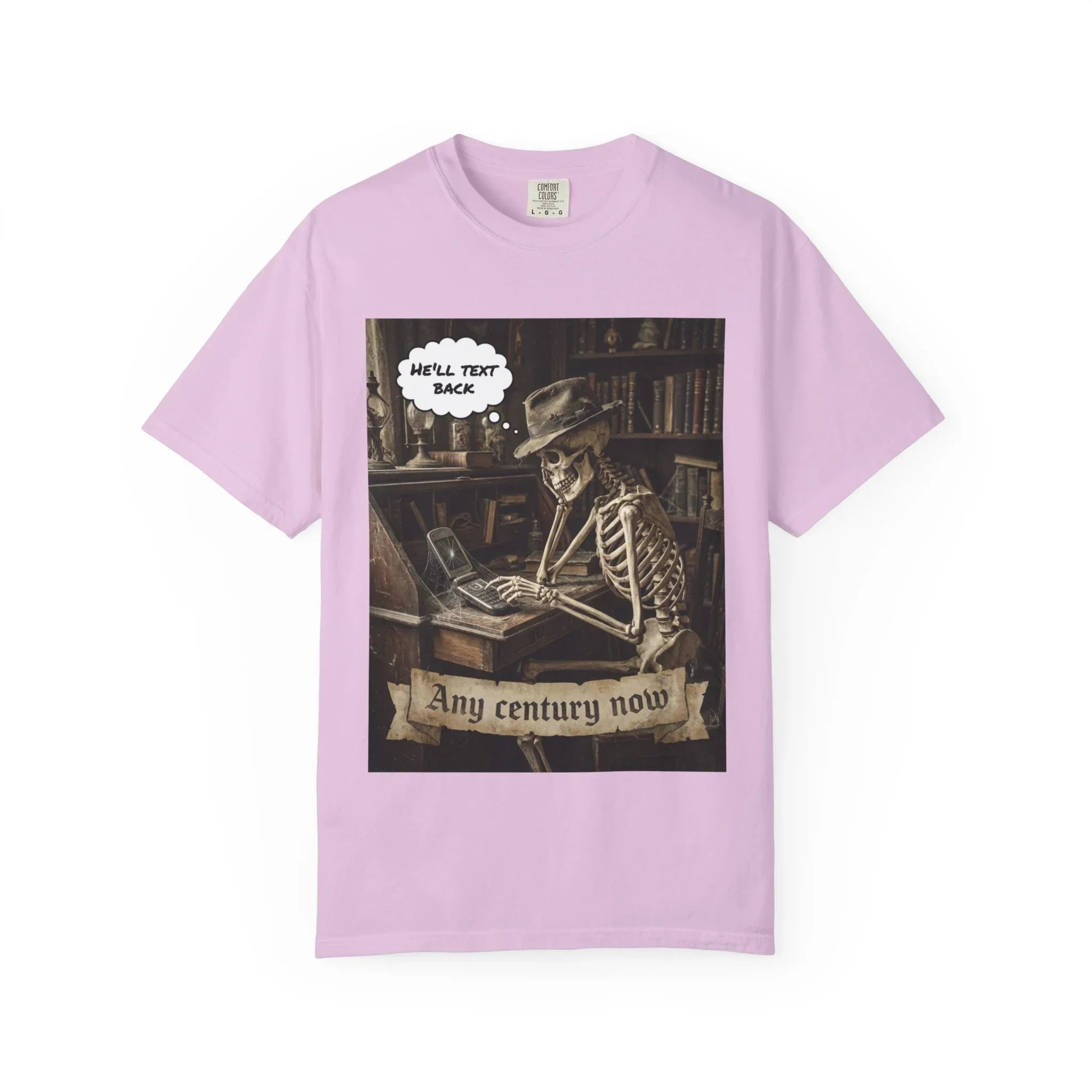 Any Century Now" Skeleton Graphic Tee - Funny Ghosted Dark Humor Streetwear Orchid