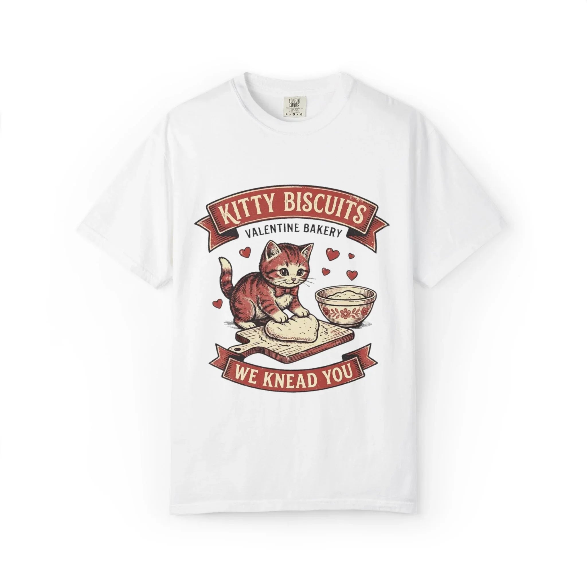 Kitty Biscuits T-Shirt | Valentine Bakery Cat We Knead You Graphic Tee White