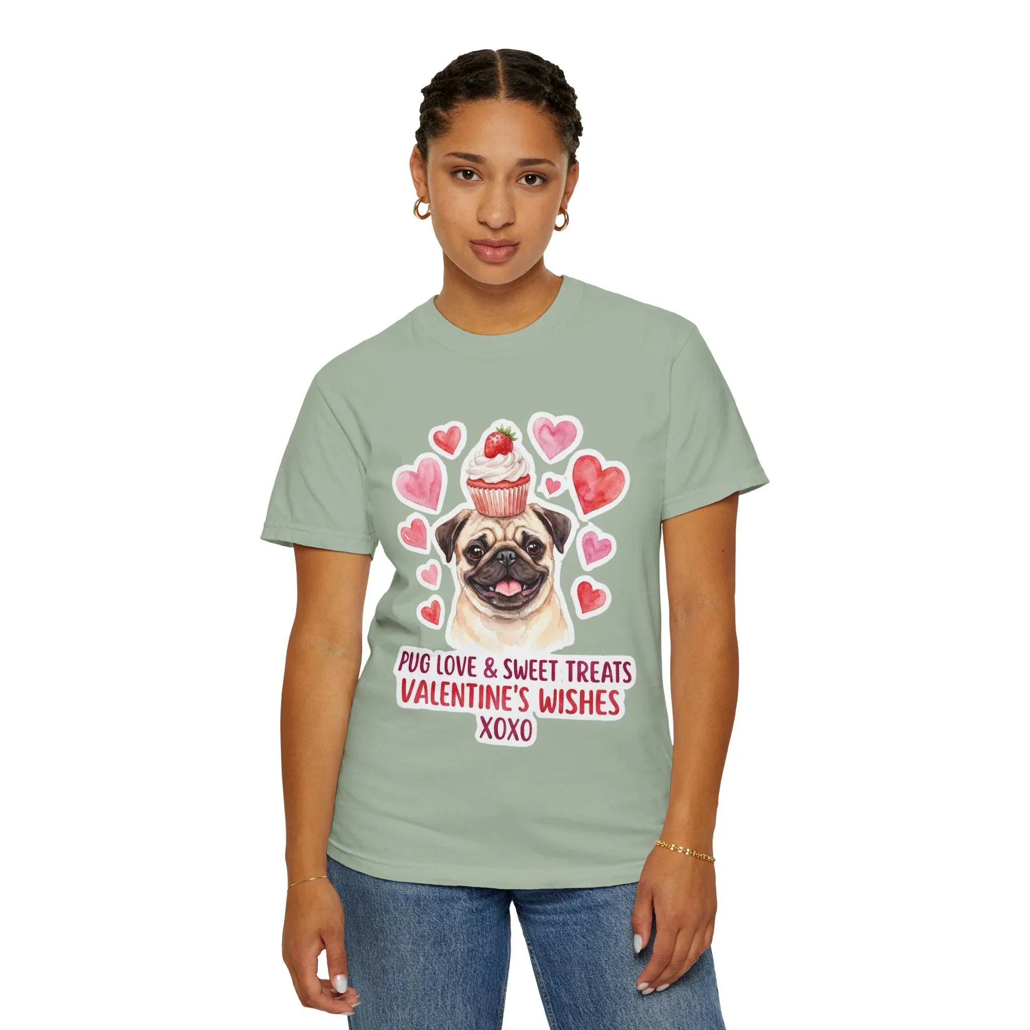 Pug with Cupcake Valentine T Shirt Cute Dog Hearts Sweet Treats Watercolor Cozy Vintage Aesthetic Gift Dog Lovers Soft Cotton Romantic Tee Bay
