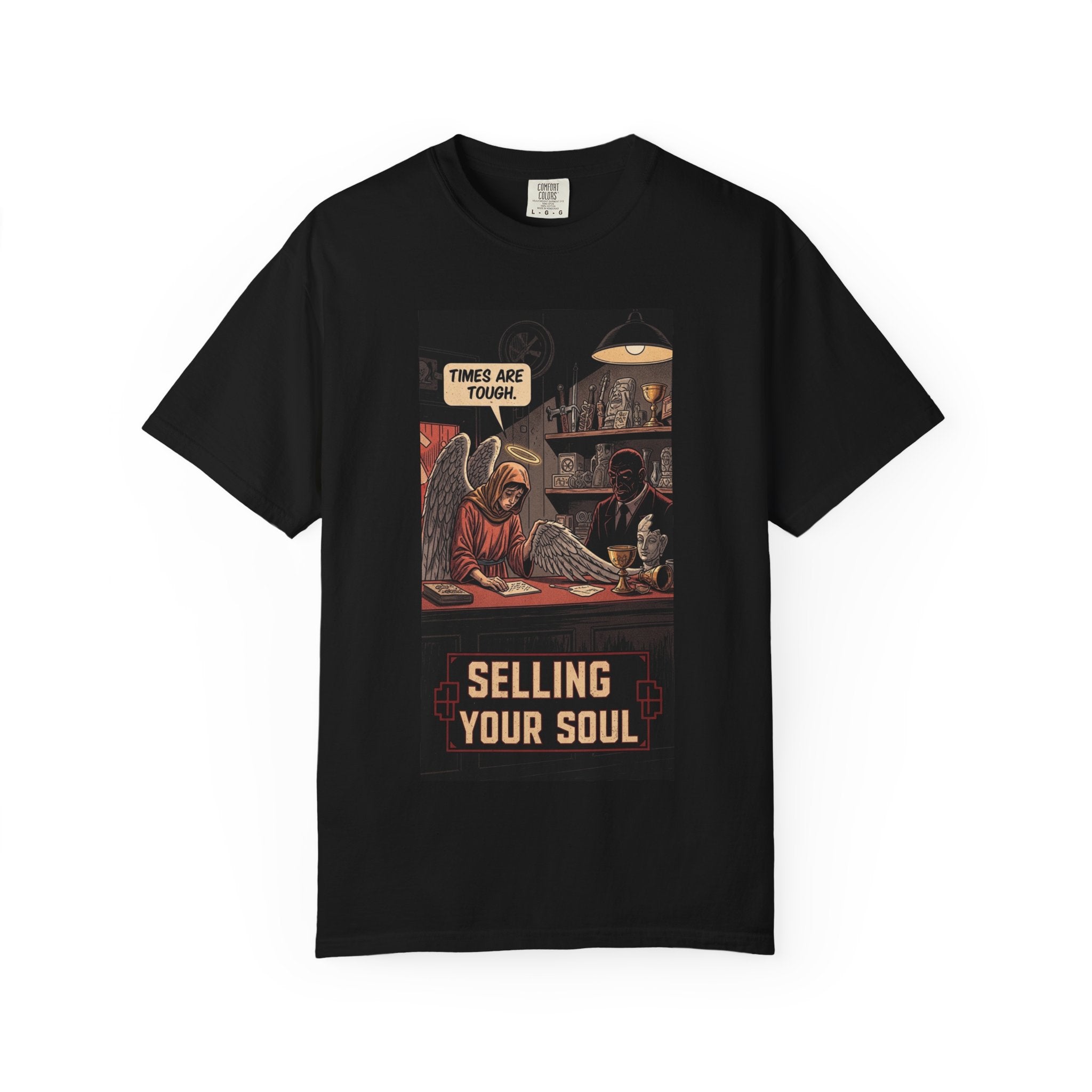 Selling Your Soul Shirt - Vintage Pawn Shop Satire Tee - Angel Social Commentary T-Shirt - Dark Humor Philosophy Gift - Retro Comic Graphic Apparel Black