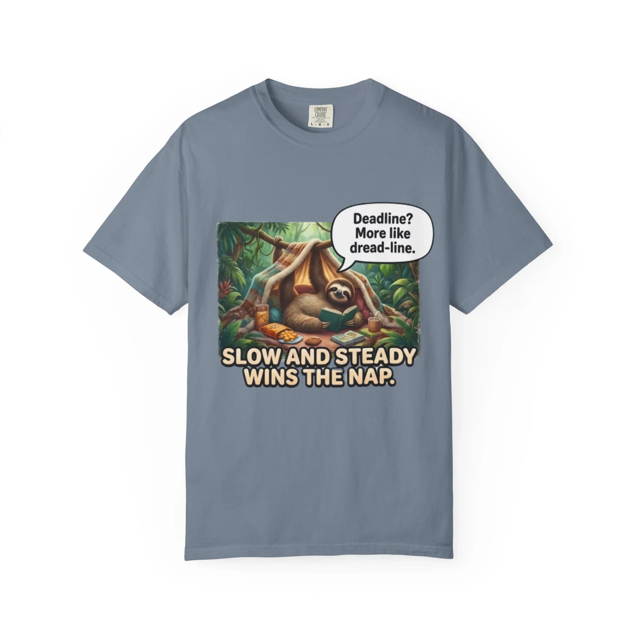 Slow and Steady Wins the Nap Sloth T-Shirt | Cute Lazy Sloth Illustration | Self Care Humor Gift | Vintage Cozy Productivity Tee Blue Jean