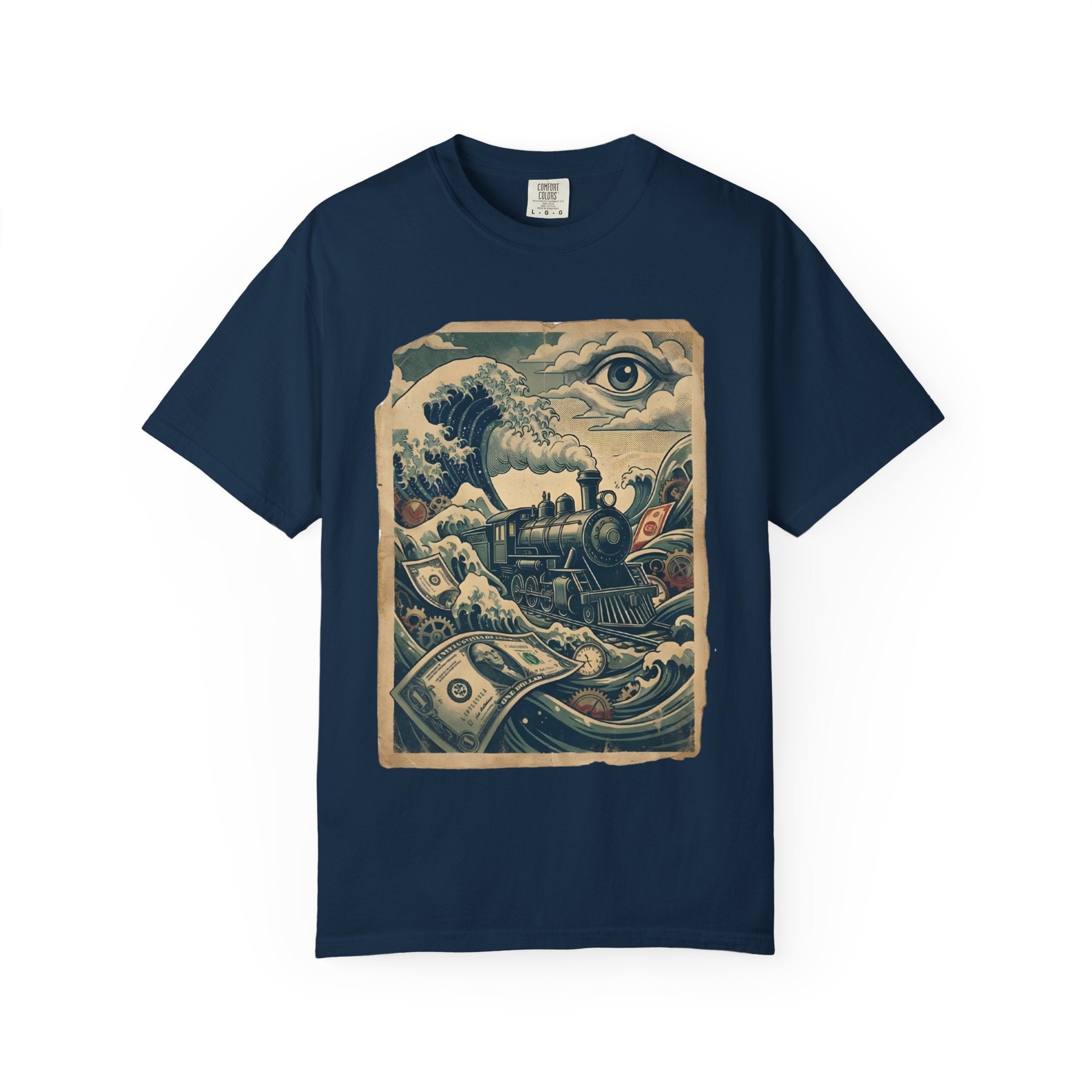 Financial Tsunami T-Shirt - Steam Train Economic Crisis Tee - Vintage Surrealist Satire Shirt - Sarcastic Money Wave Graphic True Navy