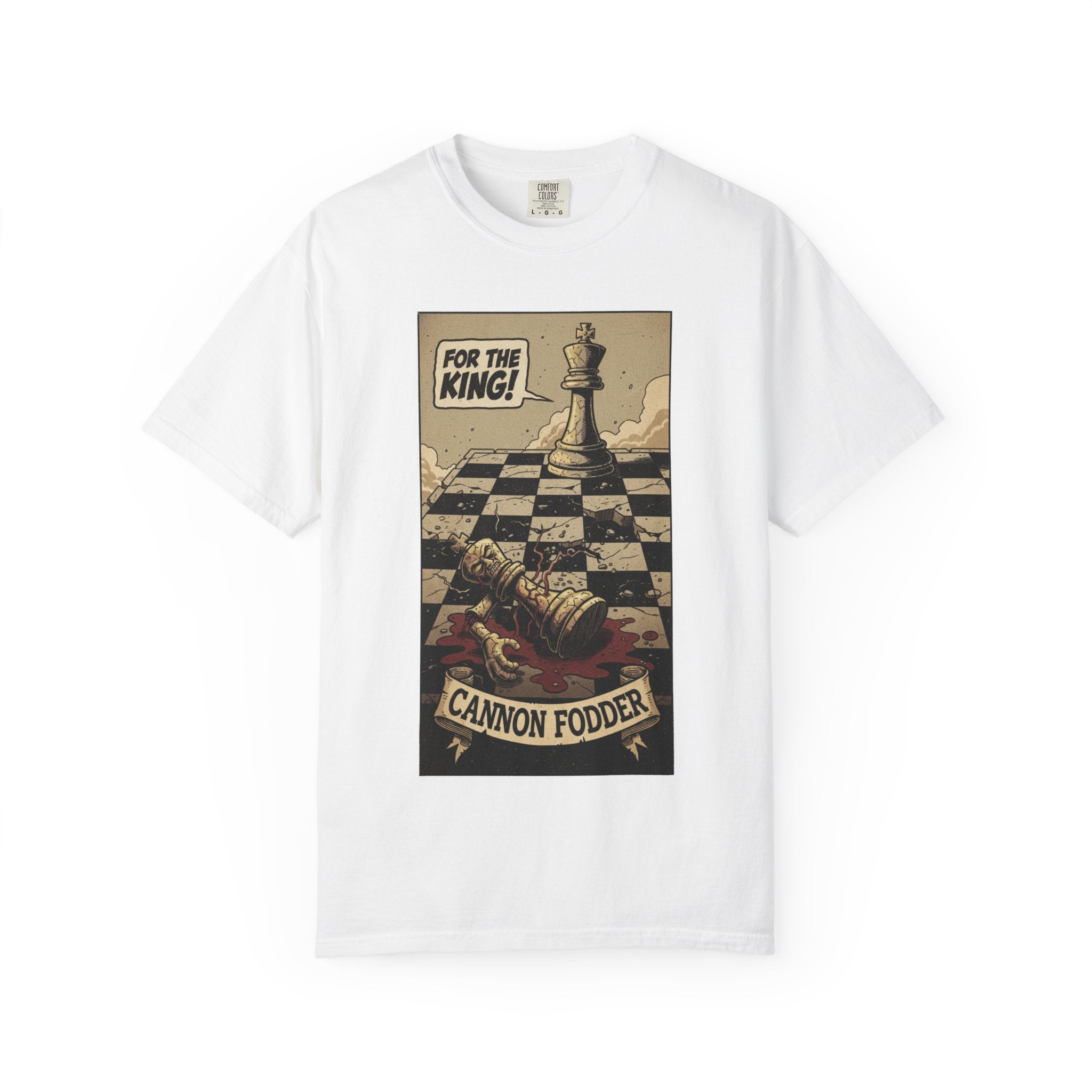 T-Shirt — "For the King! Cannon Fodder" Vintage Chess Graphic Tee White