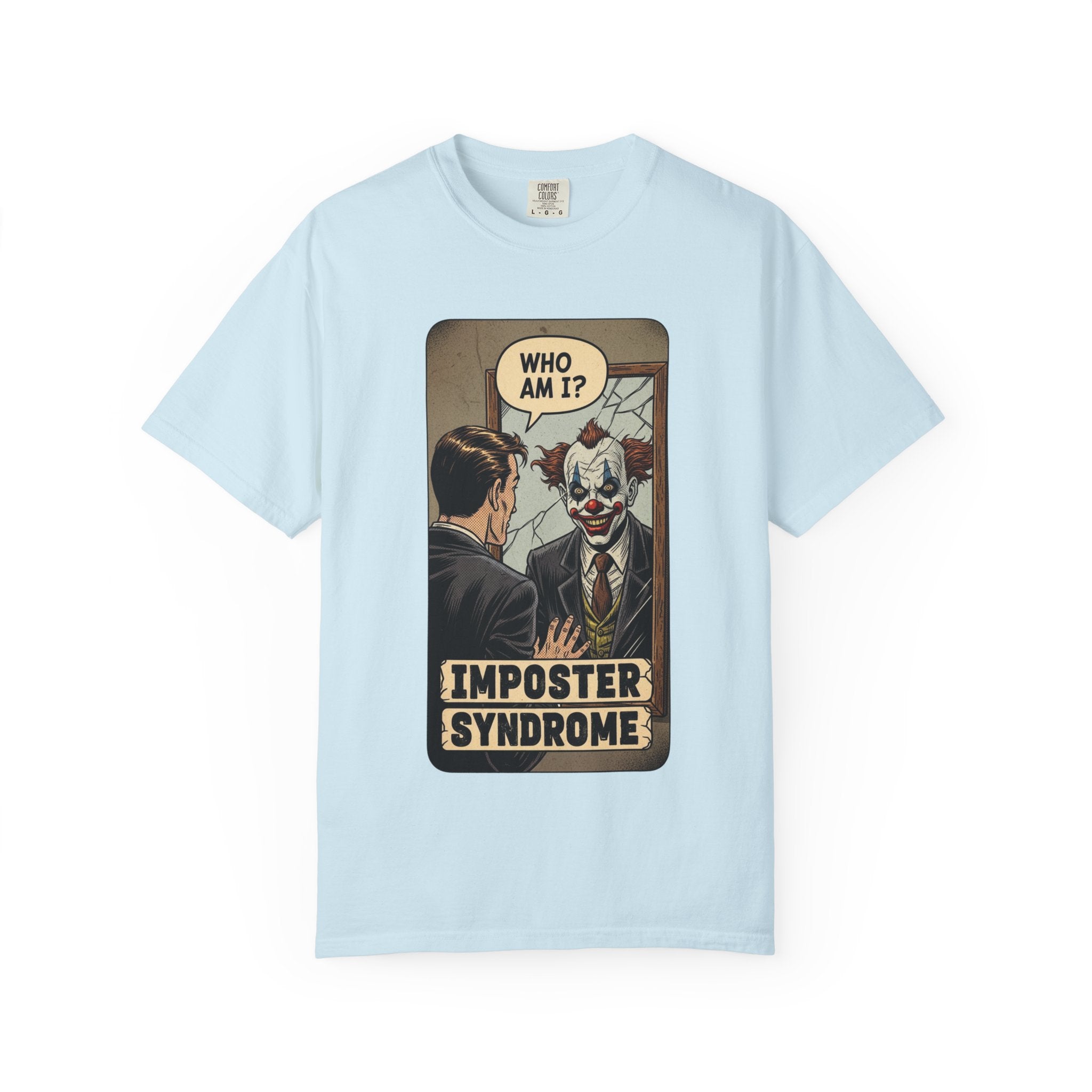 Imposter Syndrome Shirt Vintage Clown Mirror Tee Funny Mental Health Graphic T-Shirt Sarcastic Retro Who Am I Top Corporate Humor Gift Chambray