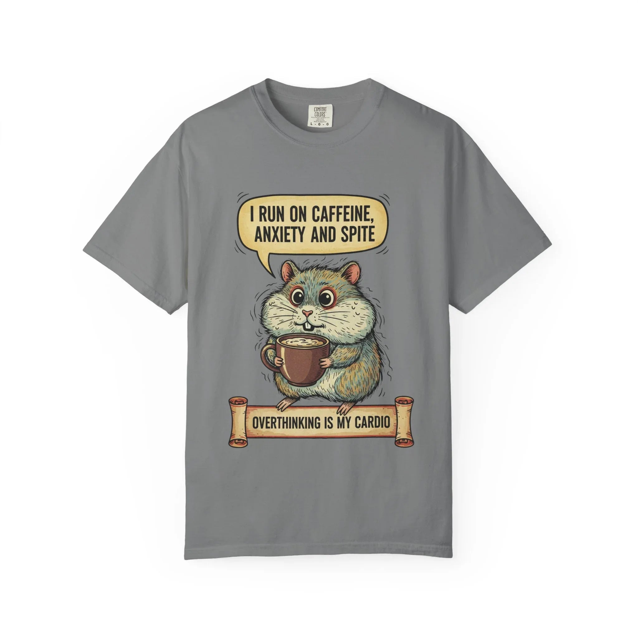 Funny Hamster Coffee Shirt - "Overthinking is My Cardio" T-Shirt - Caffeine Anxiety and Spite Gift - Sarcastic Mental Health Tee - Retro Jittery Hamster Graphic Top Grey