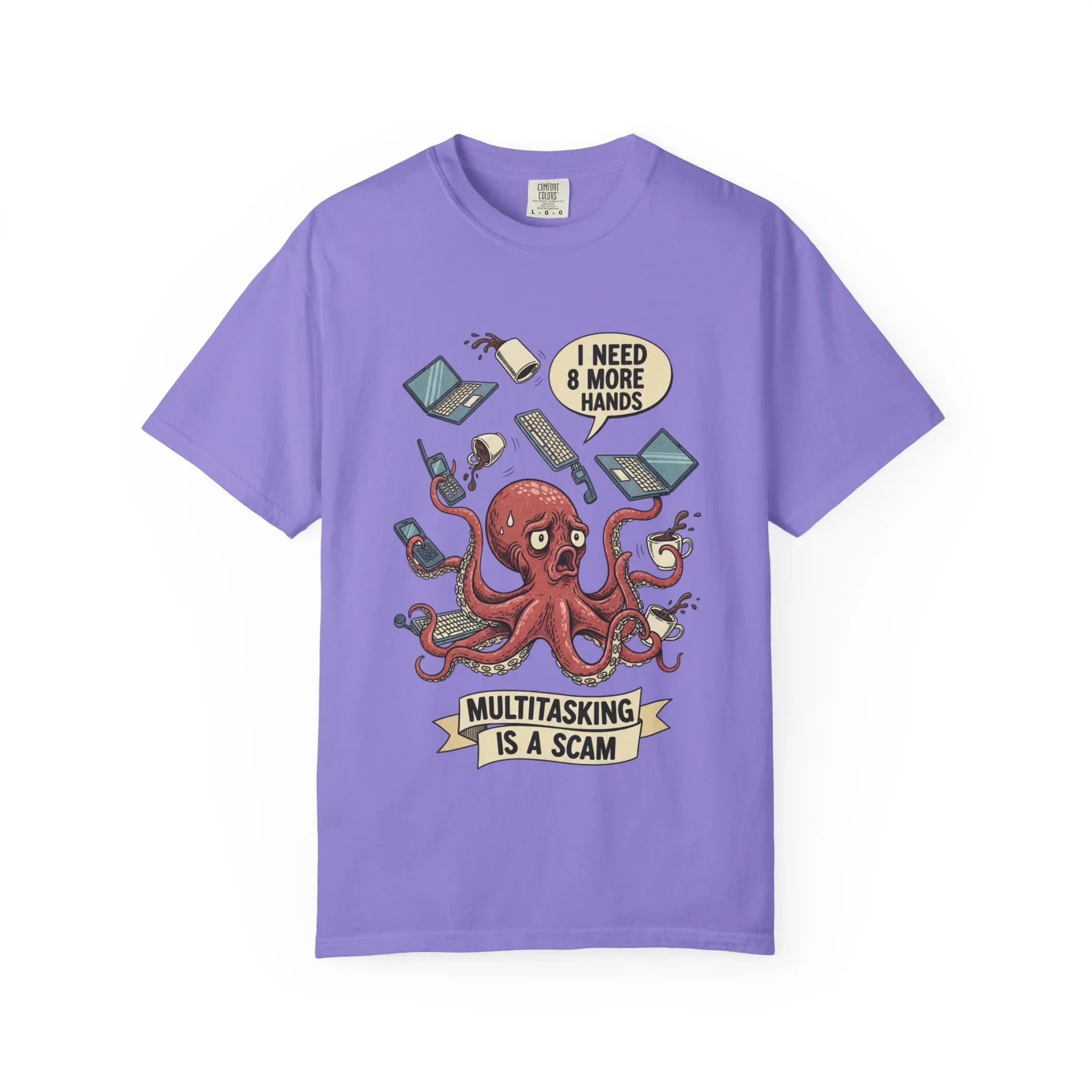Funny Octopus Shirt - "Multitasking Is A Scam" T-Shirt - Vintage Work Humor Tee - Office Gift for Coworker - Burnout Graphic Tee - Retro Cartoon Top Violet
