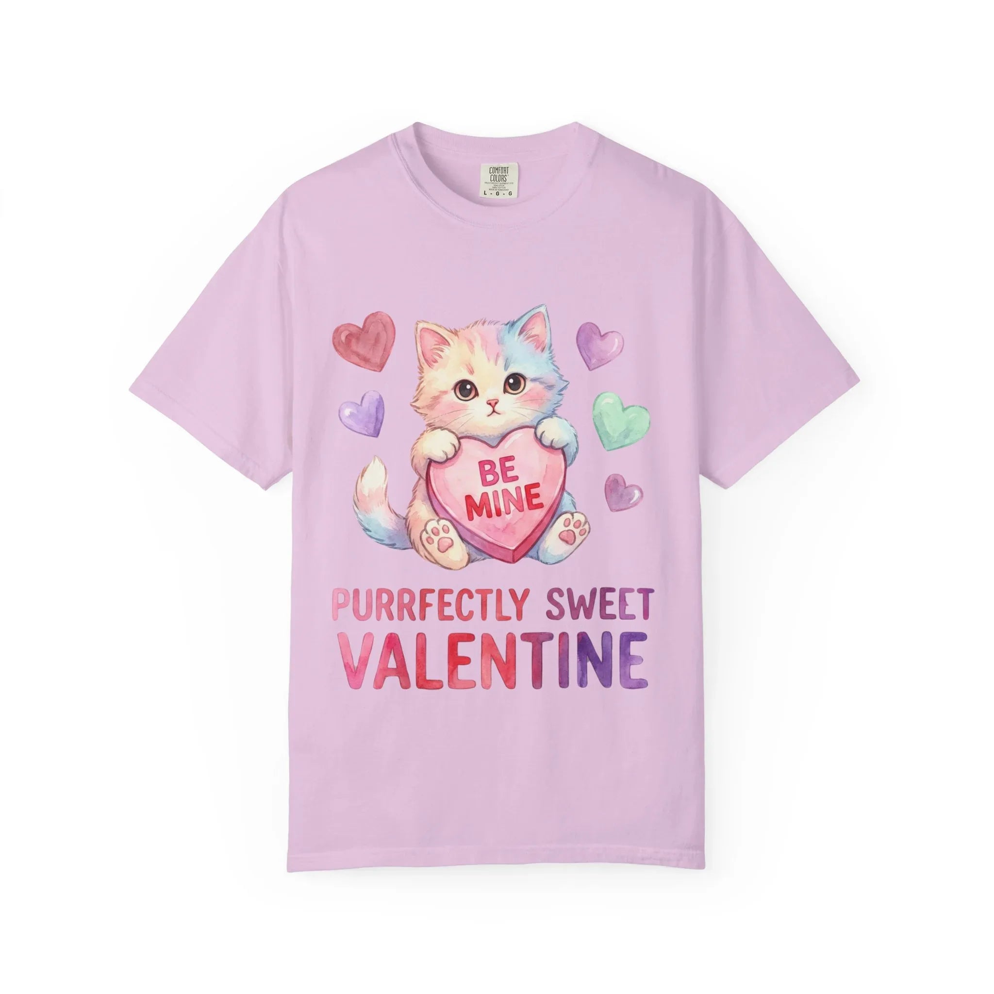 Purrfectly Sweet Valentine Cat T-Shirt | Be Mine Heart Design | Cute Pastel Kitten Tee | Cozy Romantic Gift for Cat Lovers Orchid