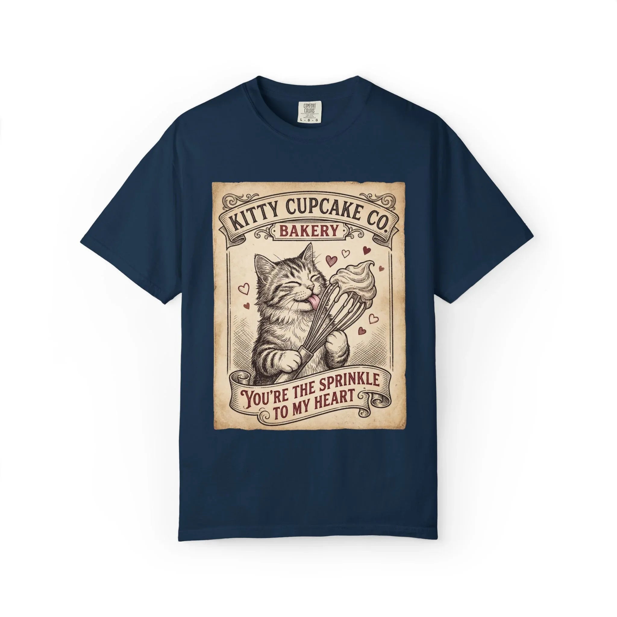 Kitty Cupcake Co T-Shirt | Vintage Cat Bakery Youre the Sprinkle to My Heart Graphic Tee True Navy