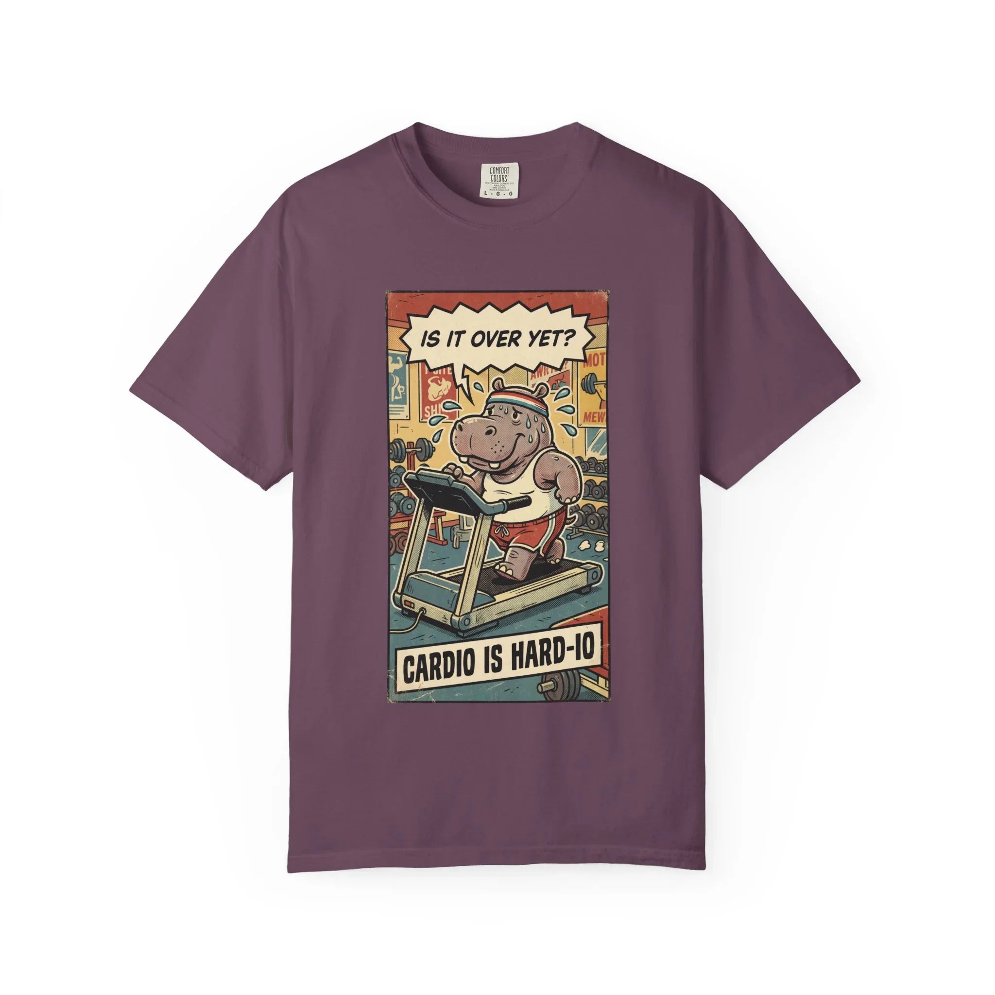 Funny Hippo Cardio Shirt - "Cardio is Hard-io" Retro Gym Tee - Vintage Sarcastic Workout T-Shirt - Humorous Exercise Fitness Gift - Distressed Comic Style Streetwear Berry