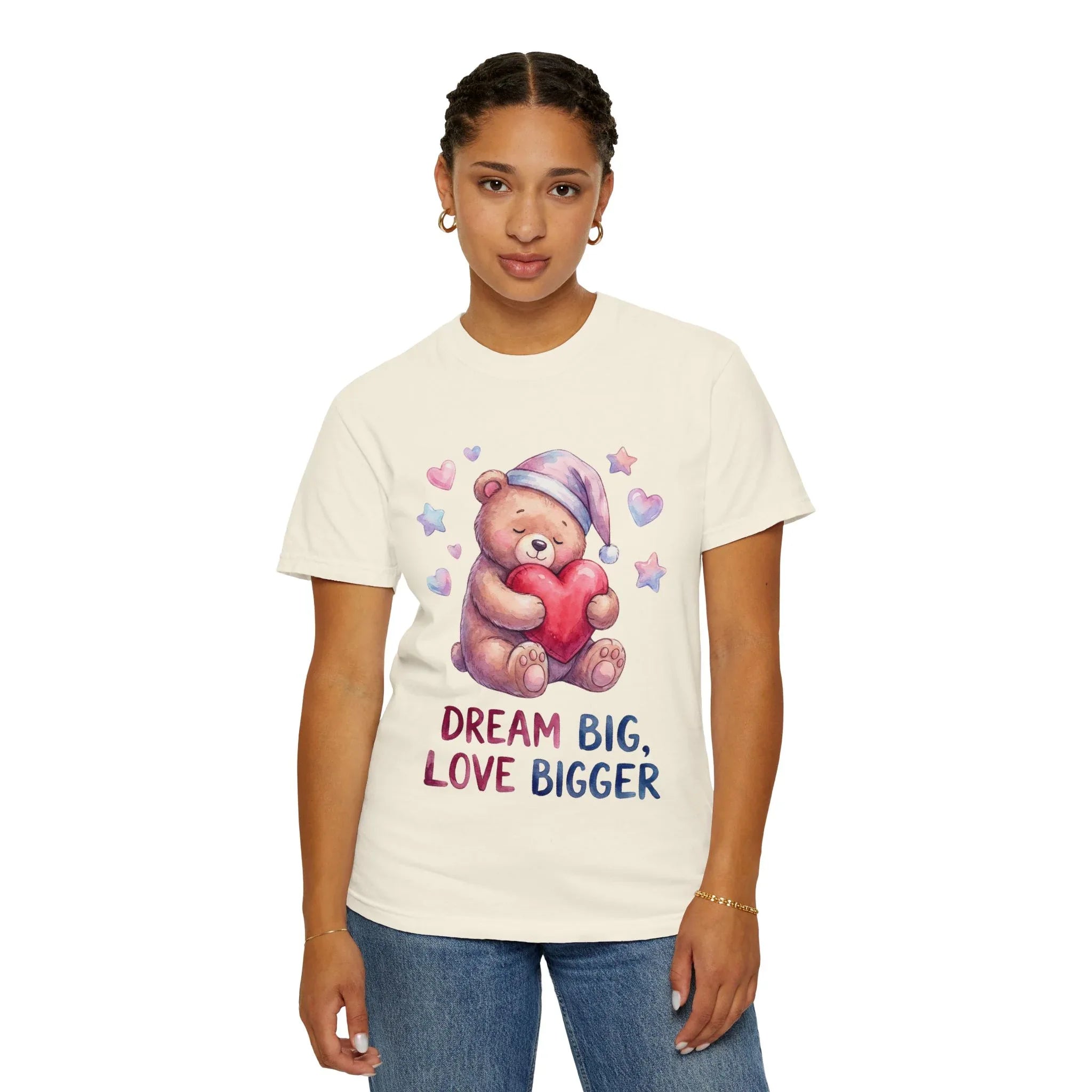 Teddy Bear Holding Heart Dream Big Love Bigger T Shirt Watercolor Cozy Vintage Aesthetic Gift Lovers Soft Cotton Motivational Tee