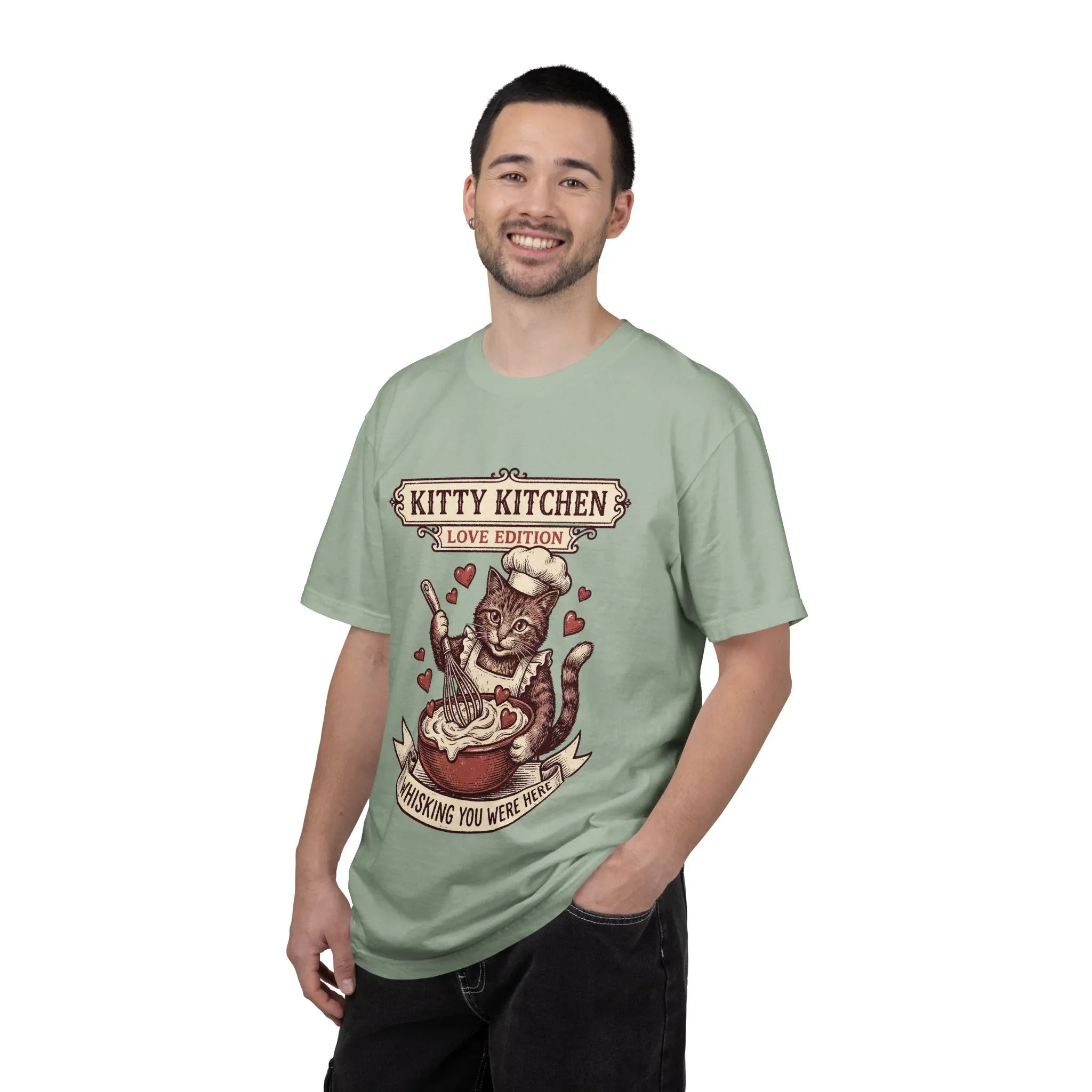 Kitty Kitchen Love T-Shirt | Vintage Cat Chef Whisking You Were Here Graphic Tee
