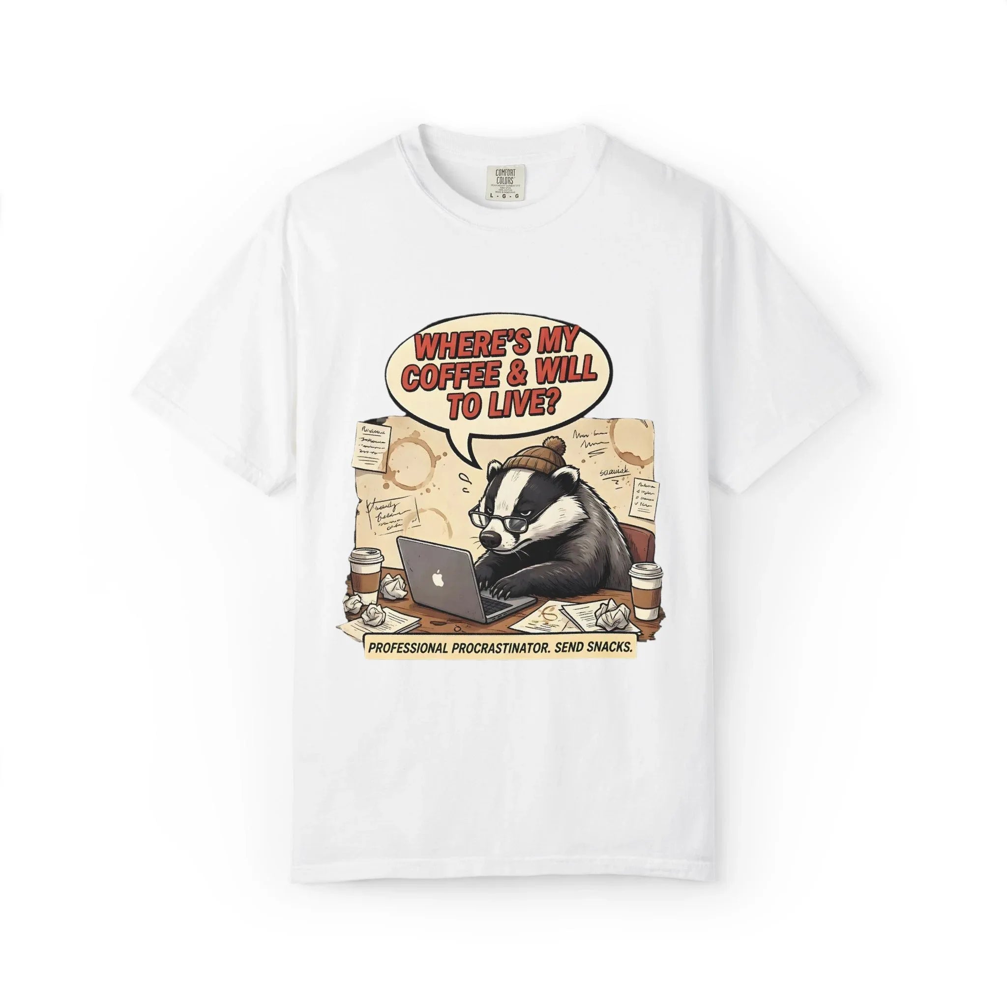 Where's My Coffee and Will to Live Badger T-Shirt | Procrastination Coffee Design | Funny Freelancer Gift | Vintage Sarcastic Humor Tee
