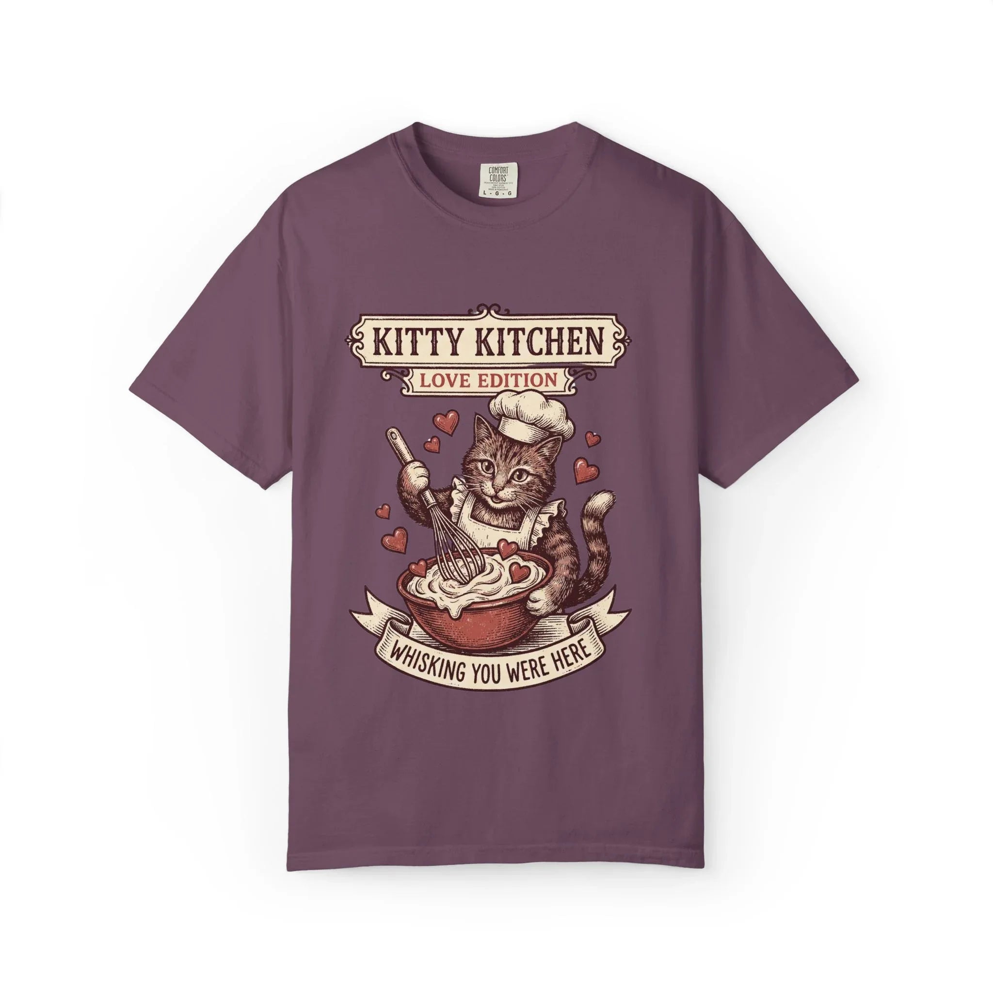 Kitty Kitchen Love T-Shirt | Vintage Cat Chef Whisking You Were Here Graphic Tee Berry M