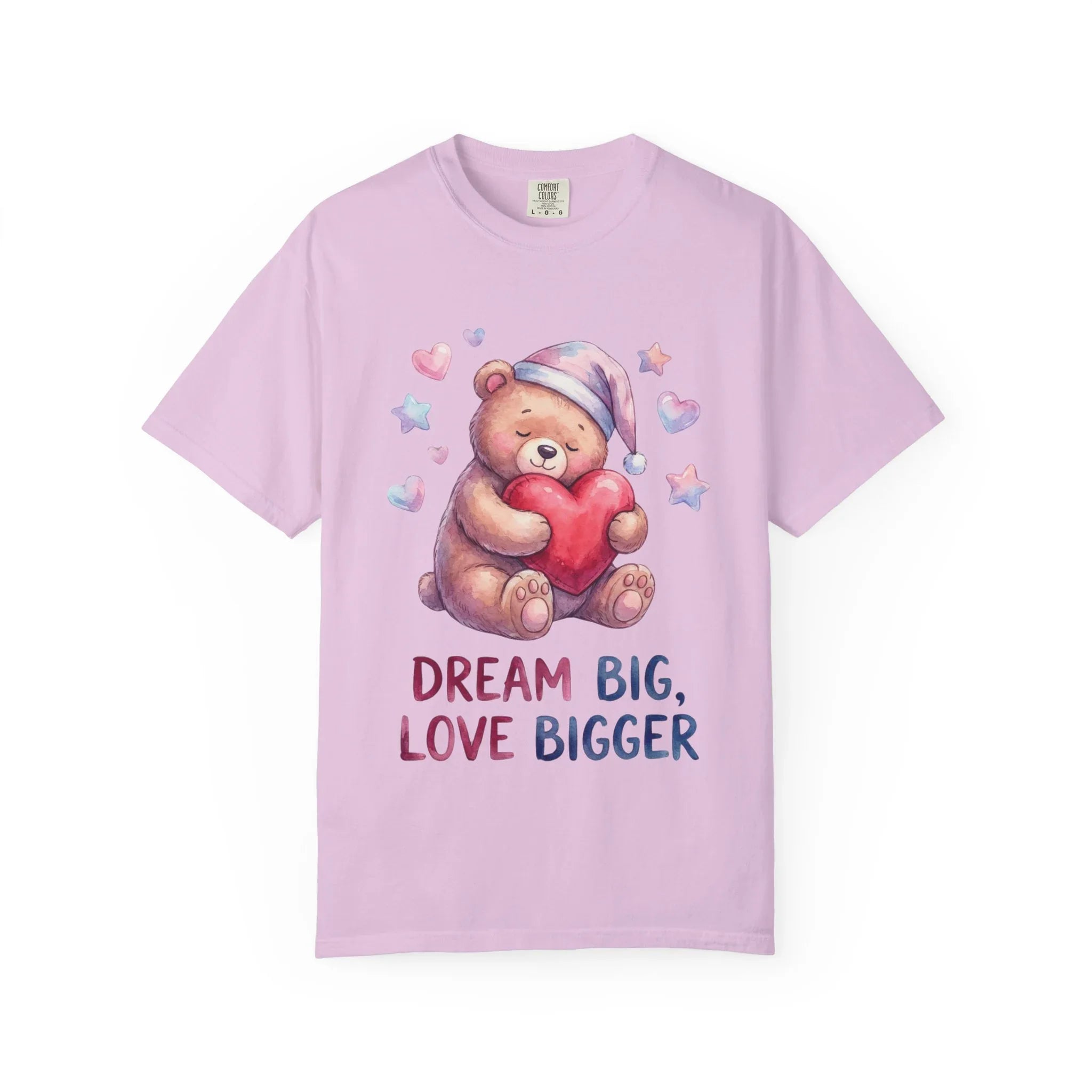 Teddy Bear Holding Heart Dream Big Love Bigger T Shirt Watercolor Cozy Vintage Aesthetic Gift Lovers Soft Cotton Motivational Tee Orchid