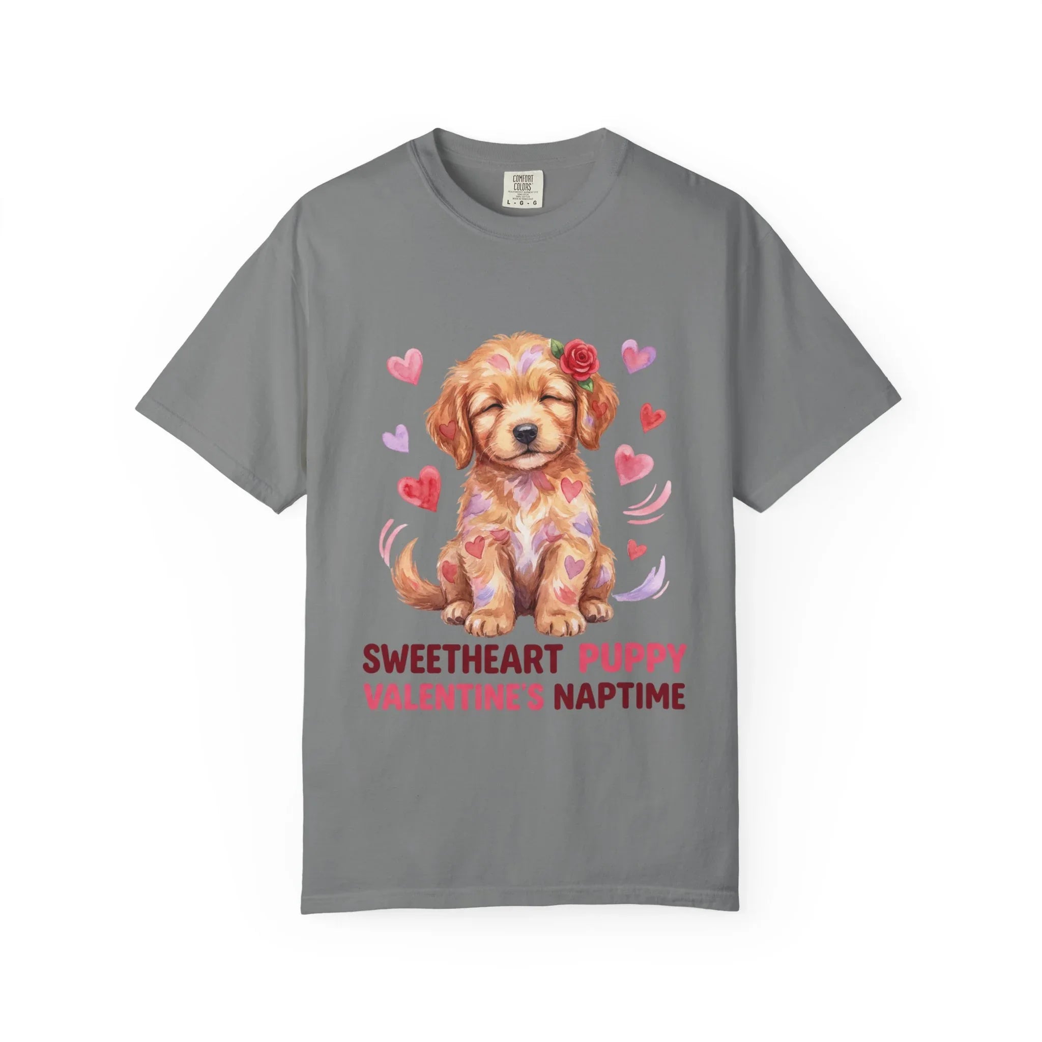 Sweetheart Puppy Valentines Naptime T Shirt Cute Watercolor Dog Art Cozy Vintage Aesthetic Gift for Dog Lovers Soft Cotton Retro Valentines Grey