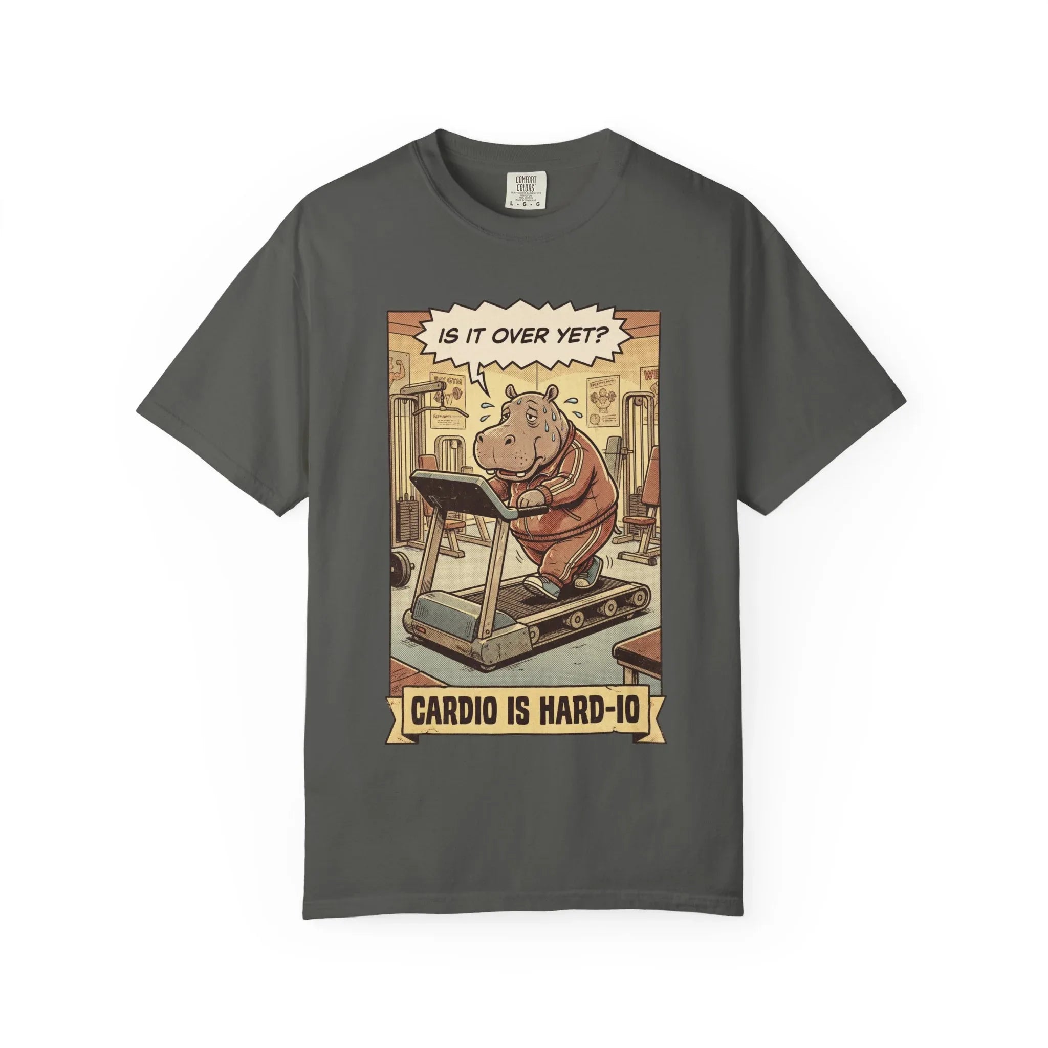 Funny Hippo Gym Shirt - "Cardio is Hard-io" Retro Workout Tee - Sarcastic Fitness Graphic T-Shirt - Vintage Runner & Weightlifter Gift - Humorous Exercise Streetwear Pepper