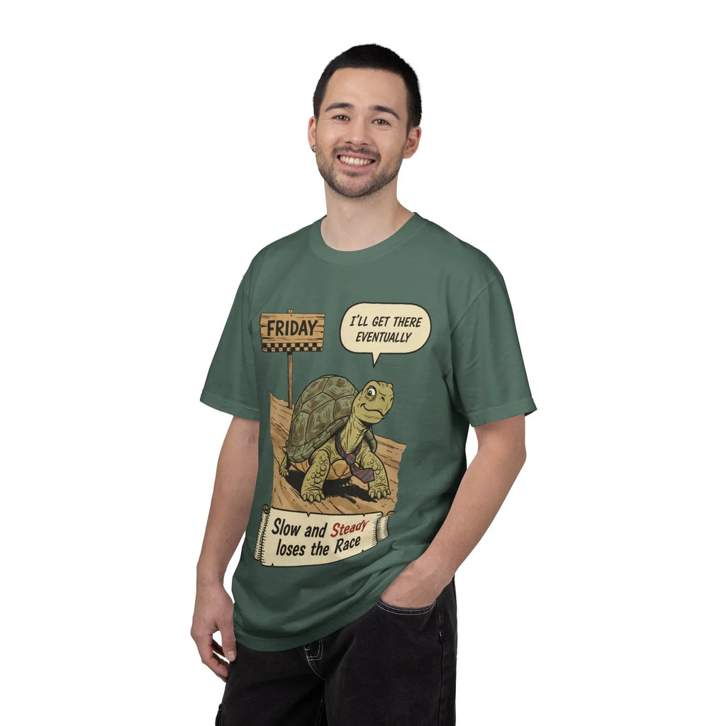 Funny Friday Shirt - Office Humor Gift for Coworker - Turtle Lover Tee - "Slow and Steady Loses the Race" - Retro Weekend Vibes - Work Bestie Gift - Tired Professional Top