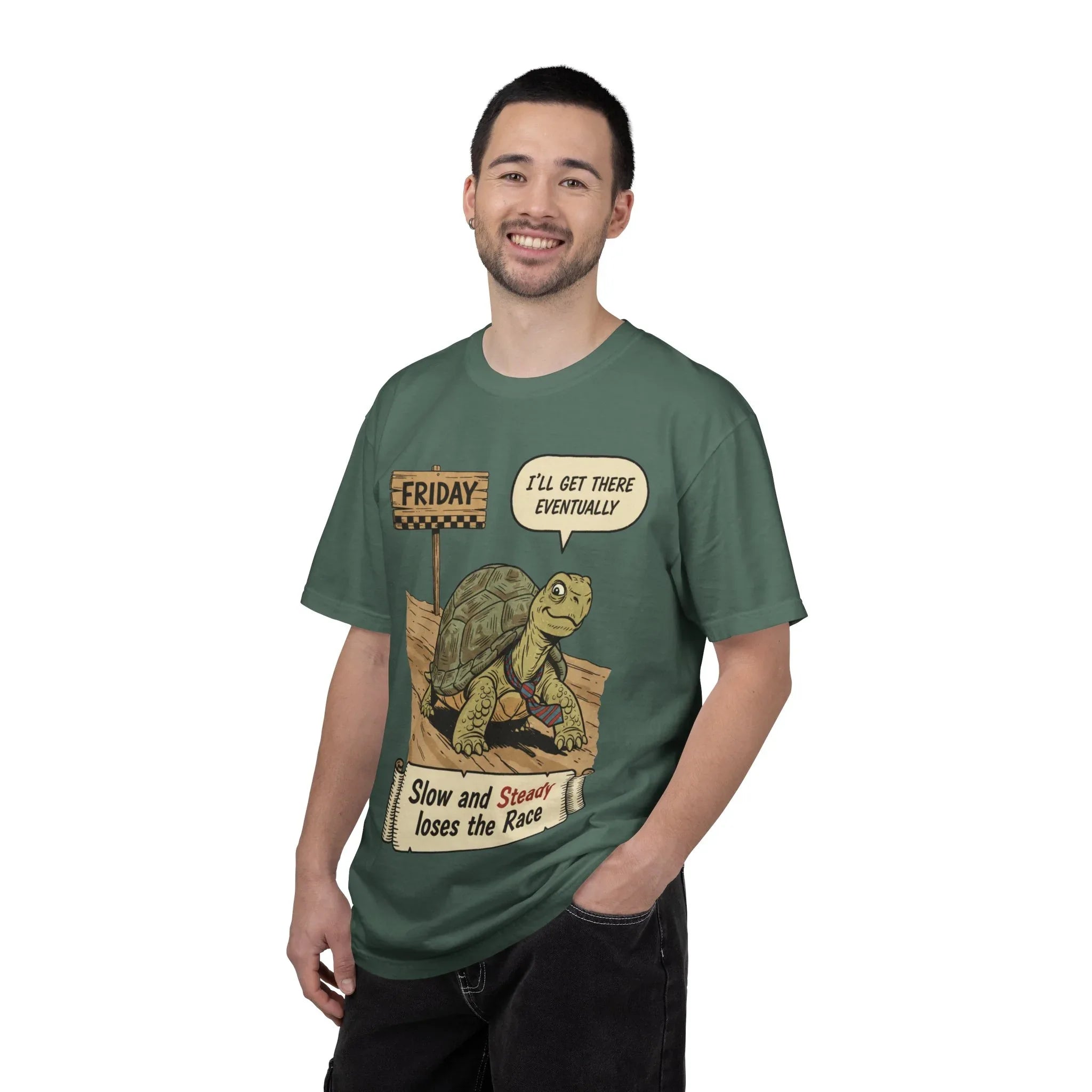 Funny Friday Shirt - Office Humor Gift for Coworker - Turtle Lover Tee - "Slow and Steady Loses the Race" - Retro Weekend Vibes - Work Bestie Gift - Tired Professional Top