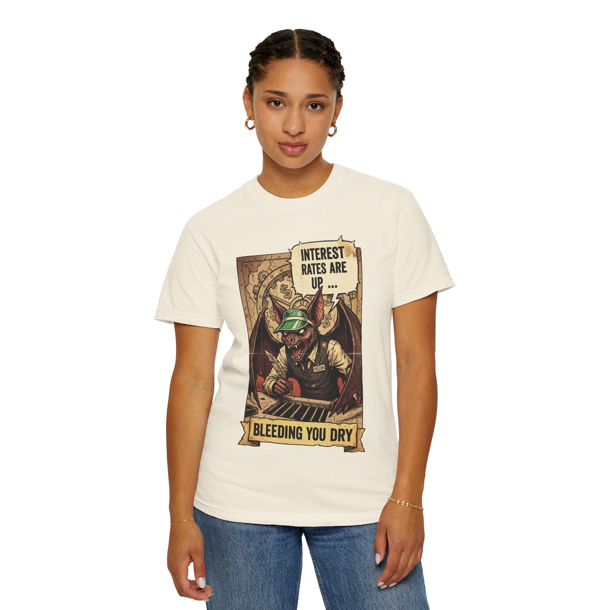 Satirical Finance T-Shirt Collection, Toxic Work Culture Skeleton Tee, Market Correction Red Wedding, Hyperinflation Satire Graphic Shirt Ivory