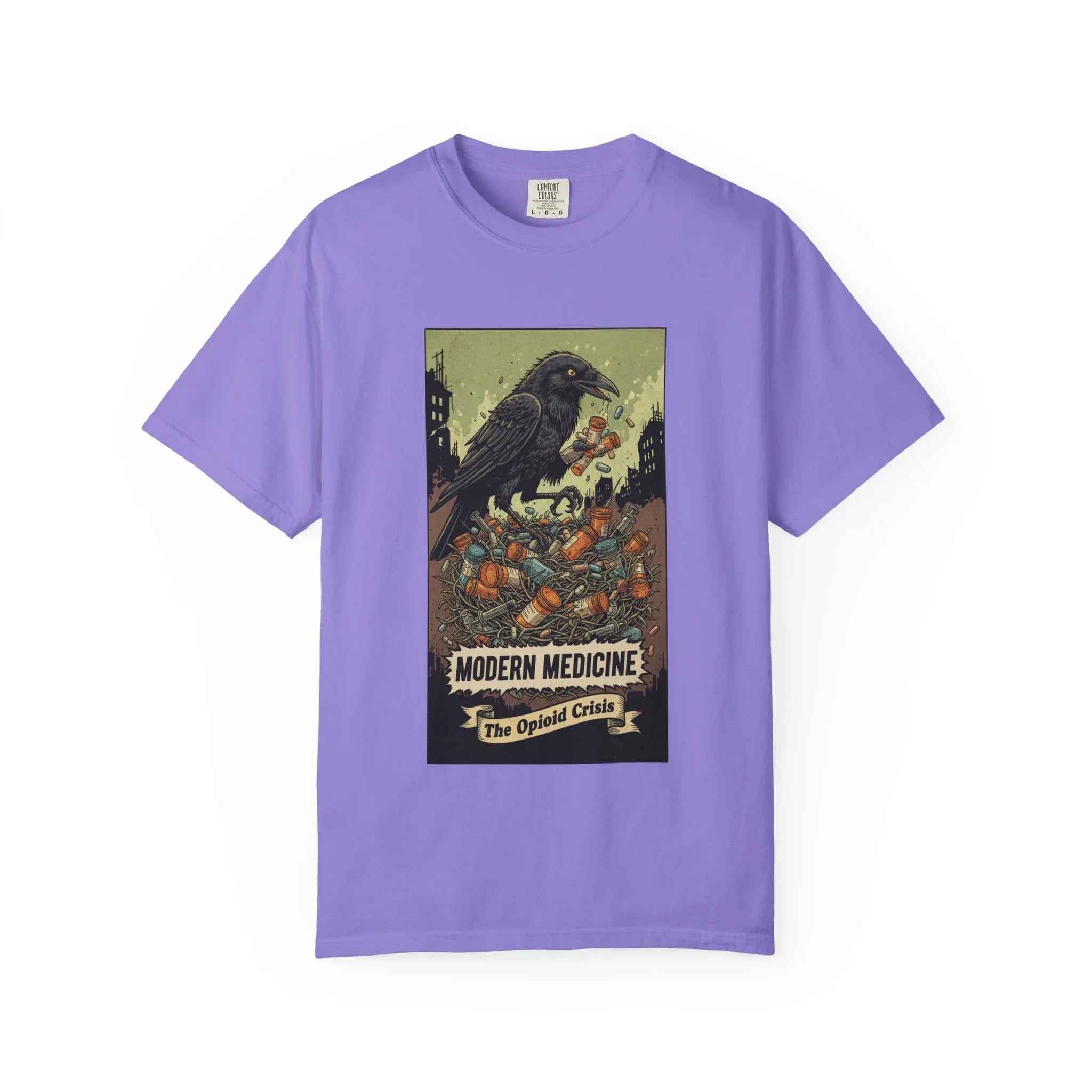 Modern Medicine Raven Shirt - Opioid Crisis Satire Tee - Dark Gothic Graphic T-Shirt - Vintage Social Commentary Art - Raven Nest Medicine Bottle Dark Humor Streetwear Violet