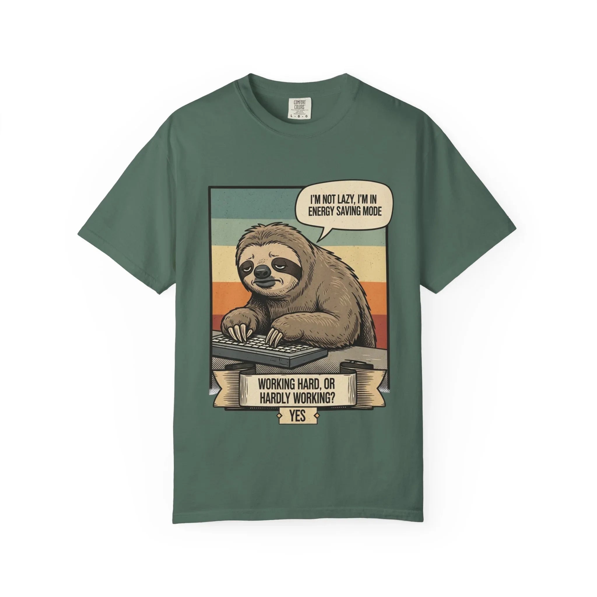 Funny Sloth Shirt - "I'm In Energy Saving Mode" T-Shirt - Office Humor Gift for Coworker - Lazy Animal Tee - Work From Home Graphic Tee - Retro Style Sloth Top Blue Spruce