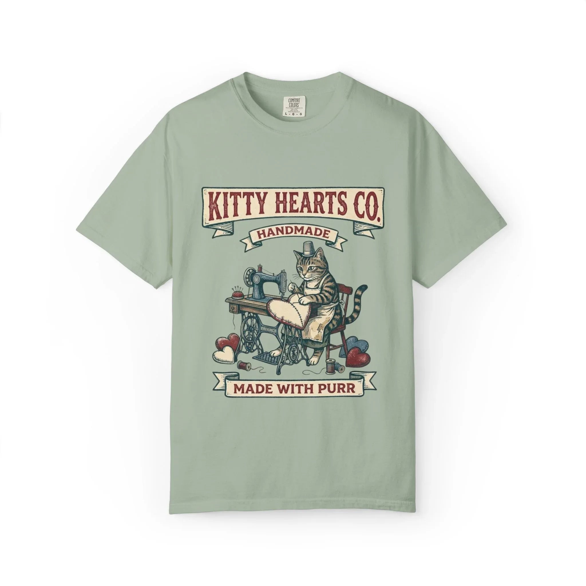 Kitty Hearts Co T-Shirt | Vintage Sewing Cat Made With Purr Graphic Tee | Retro Craft Cat Lover Gift Shirt Bay