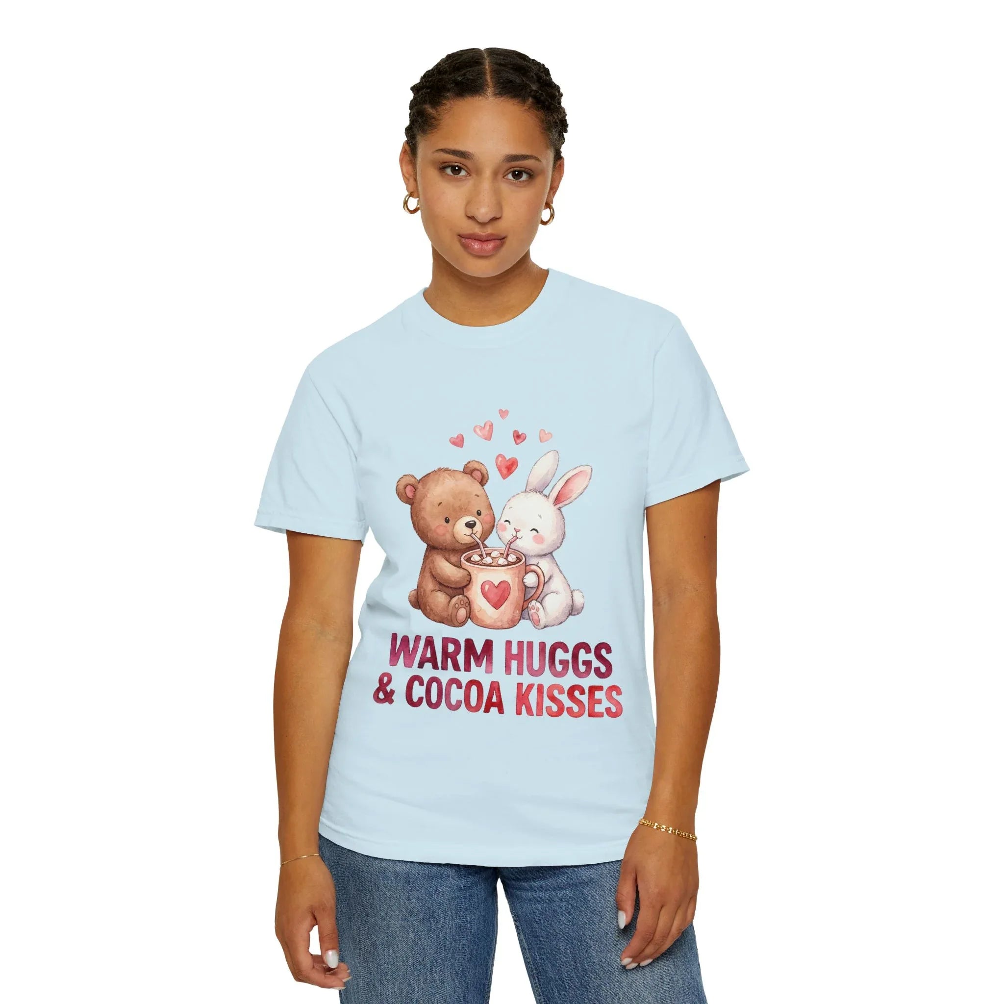 Warm Hugs and Cocoa Kisses T-Shirt | Bear Bunny Hot Cocoa Design | Cozy Winter Valentine Gift | Soft Vintage Aesthetic Tee