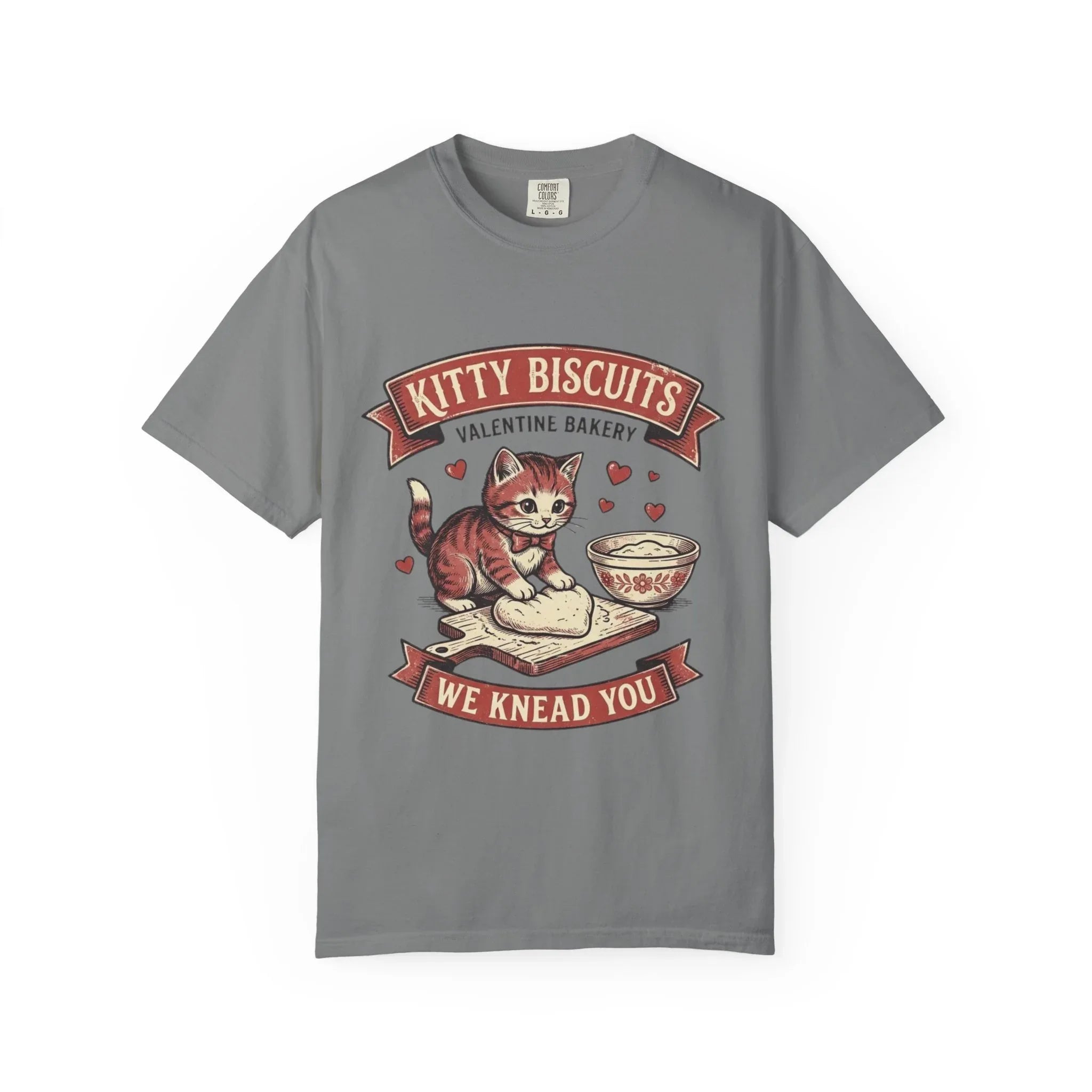 Kitty Biscuits T-Shirt | Valentine Bakery Cat We Knead You Graphic Tee Grey