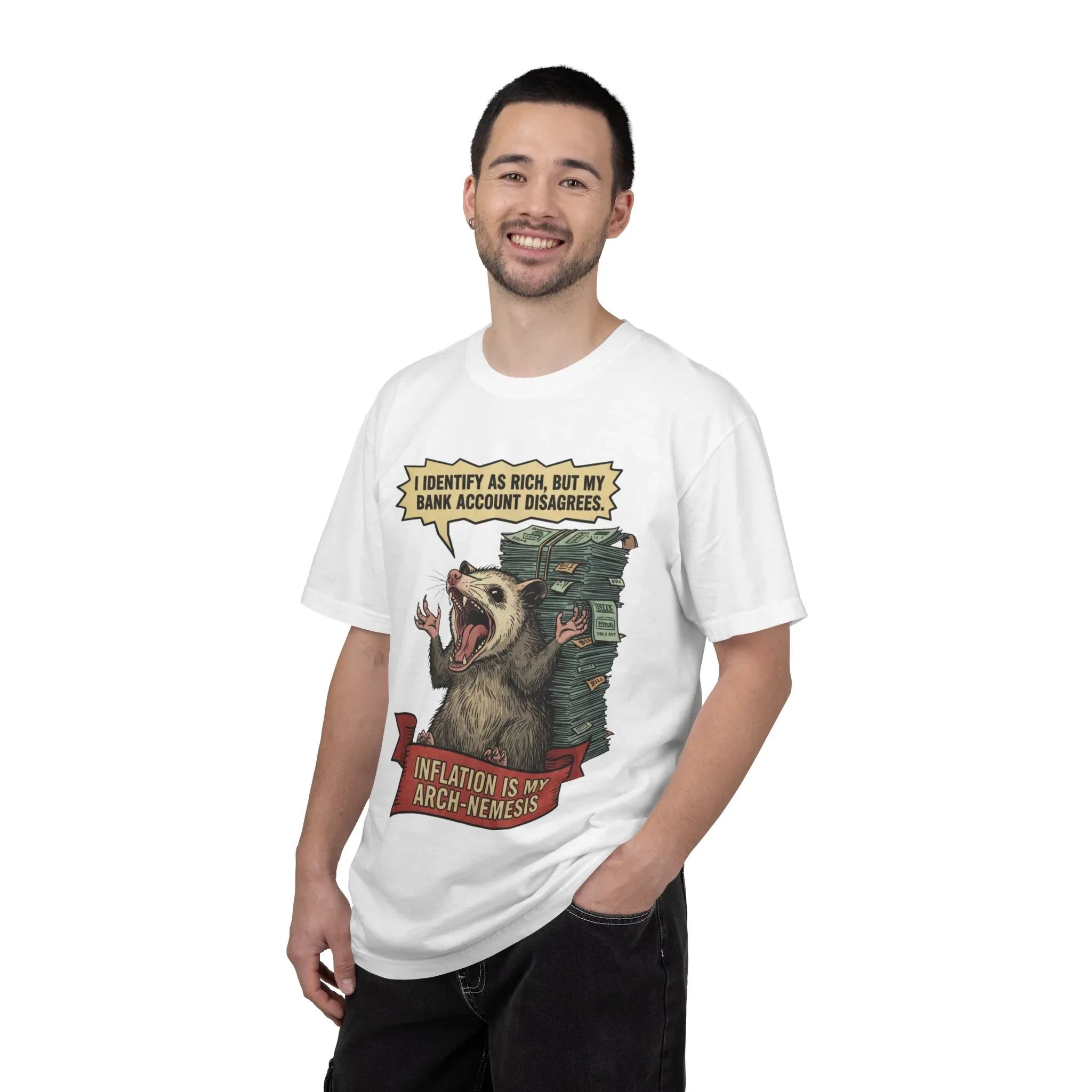 Funny Opossum Shirt - "I Identify As Rich" Inflation Meme Gift - Screaming Possum Hoodie - Relatable Money Humor T-Shirt - Vintage Style Animal Top