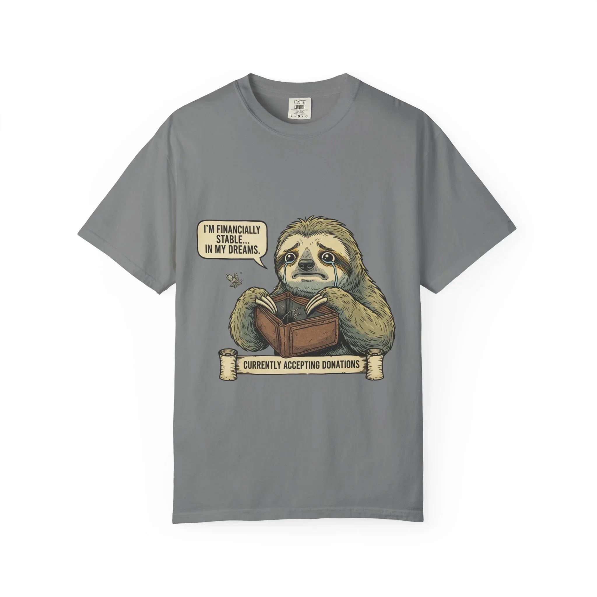 Funny Sloth Shirt Financially Stable In My Dreams Tee Broke Life Gift Crying Sloth Empty Wallet Sarcastic Adulting Humor Currently Grey