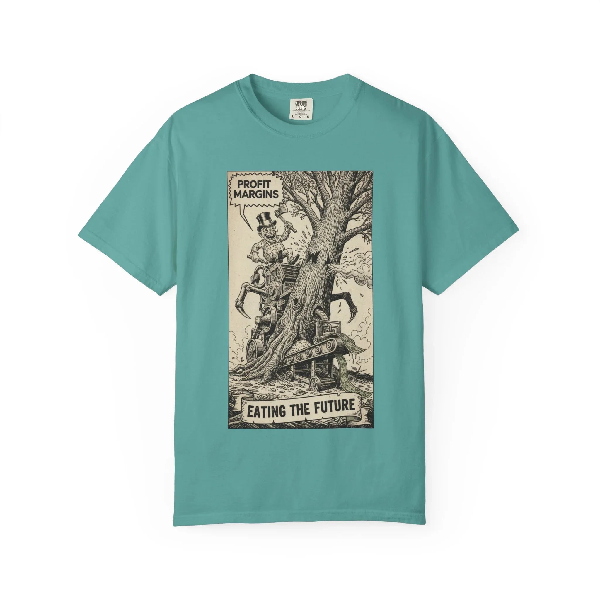 Eating The Future Shirt - Satirical Political Graphic Tee - Vintage Woodcut Eco Activist T-Shirt - Corporate Greed Social Commentary - Environmental Awareness Aesthetic Streetwear Seafoam