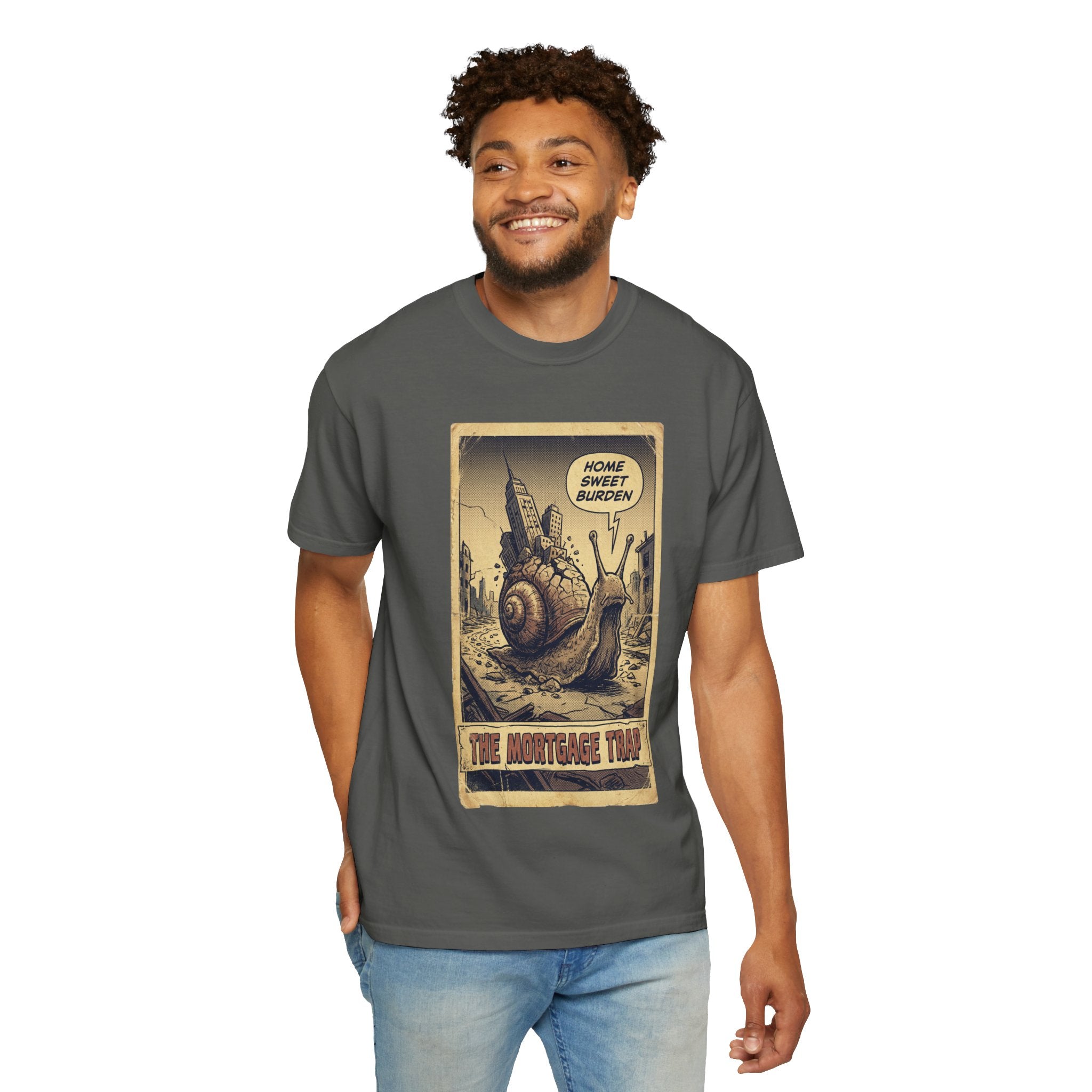The Mortgage Trap T-Shirt - Funny Sarcastic Homeowner Shirt - Vintage Comic Style Social Satire Tee - Home Sweet Burden Real Estate Gift Pepper