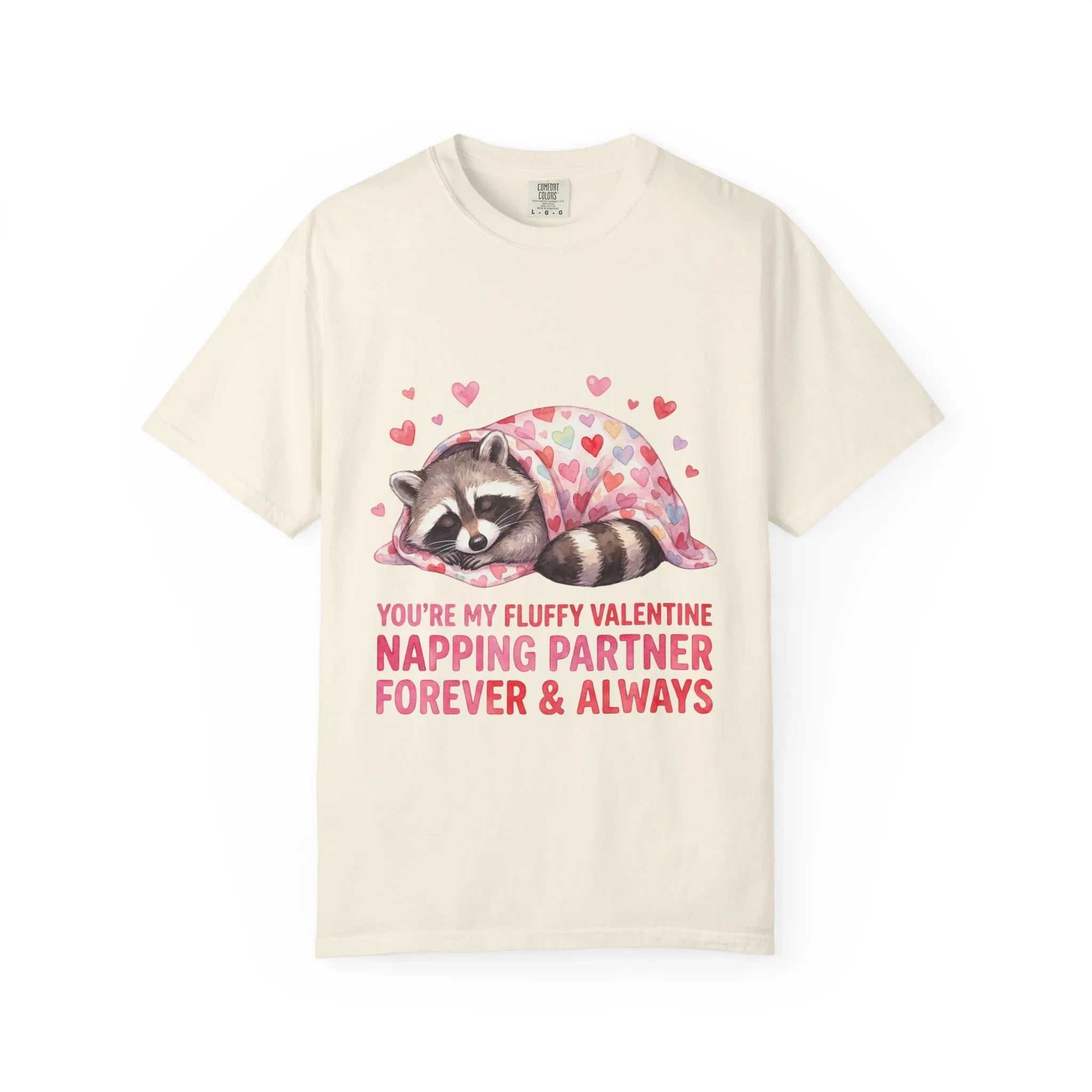 Sleeping Raccoon Valentine T Shirt Fluffy Napping Partner Forever Watercolor Cozy Vintage Aesthetic Gift Animal Lovers Soft Cotton Romantic Ivory