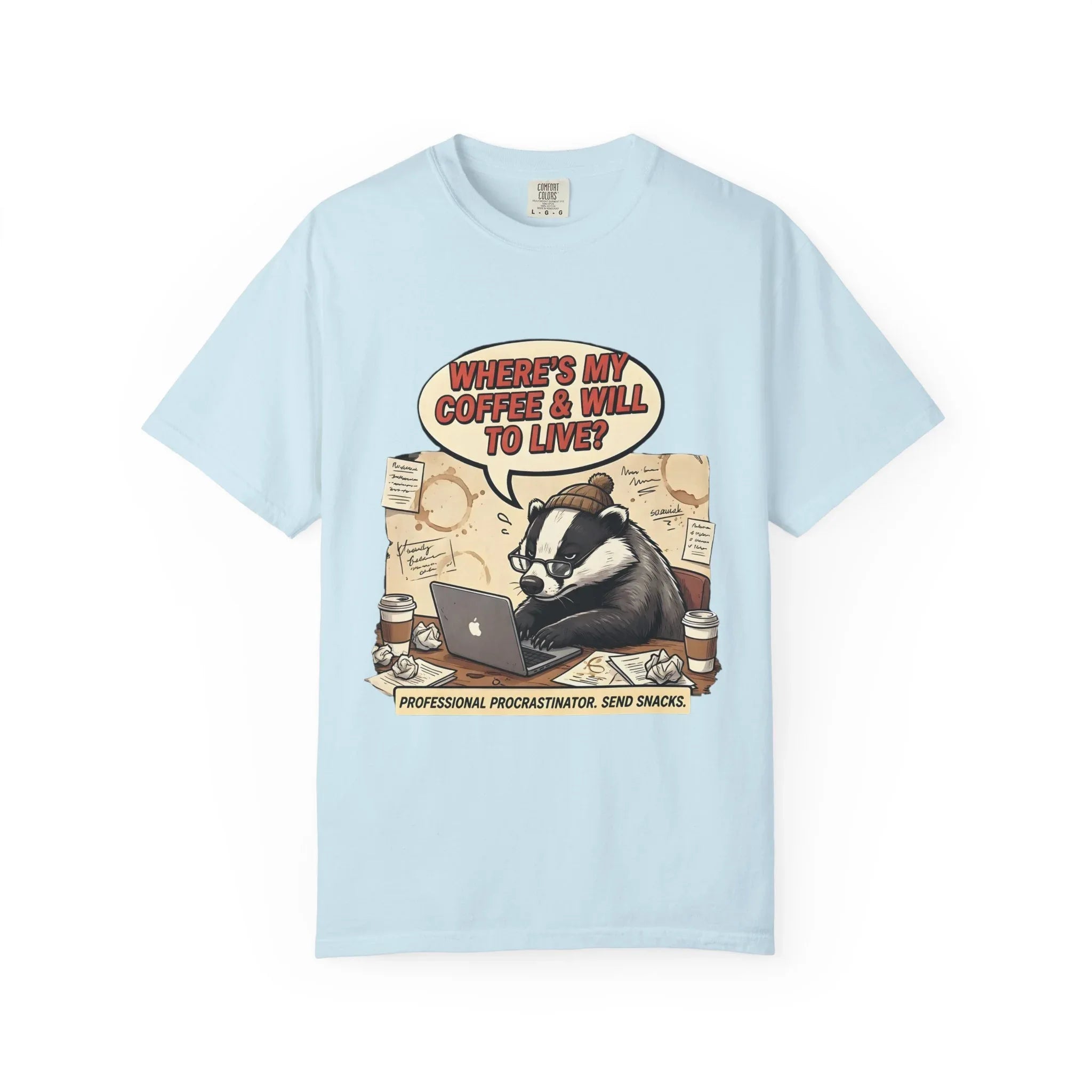 Where's My Coffee and Will to Live Badger T-Shirt | Procrastination Coffee Design | Funny Freelancer Gift | Vintage Sarcastic Humor Tee Chambray