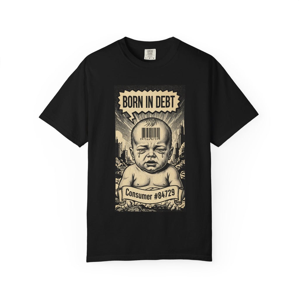 Born in Debt Shirt - Consumer Culture Satire T-Shirt - Financial Debt Awareness Tee - Vintage Comic Graphic - Sarcastic Social Commentary Gift Black