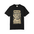 Born in Debt Shirt - Consumer Culture Satire T-Shirt - Financial Debt Awareness Tee - Vintage Comic Graphic - Sarcastic Social Commentary Gift Black