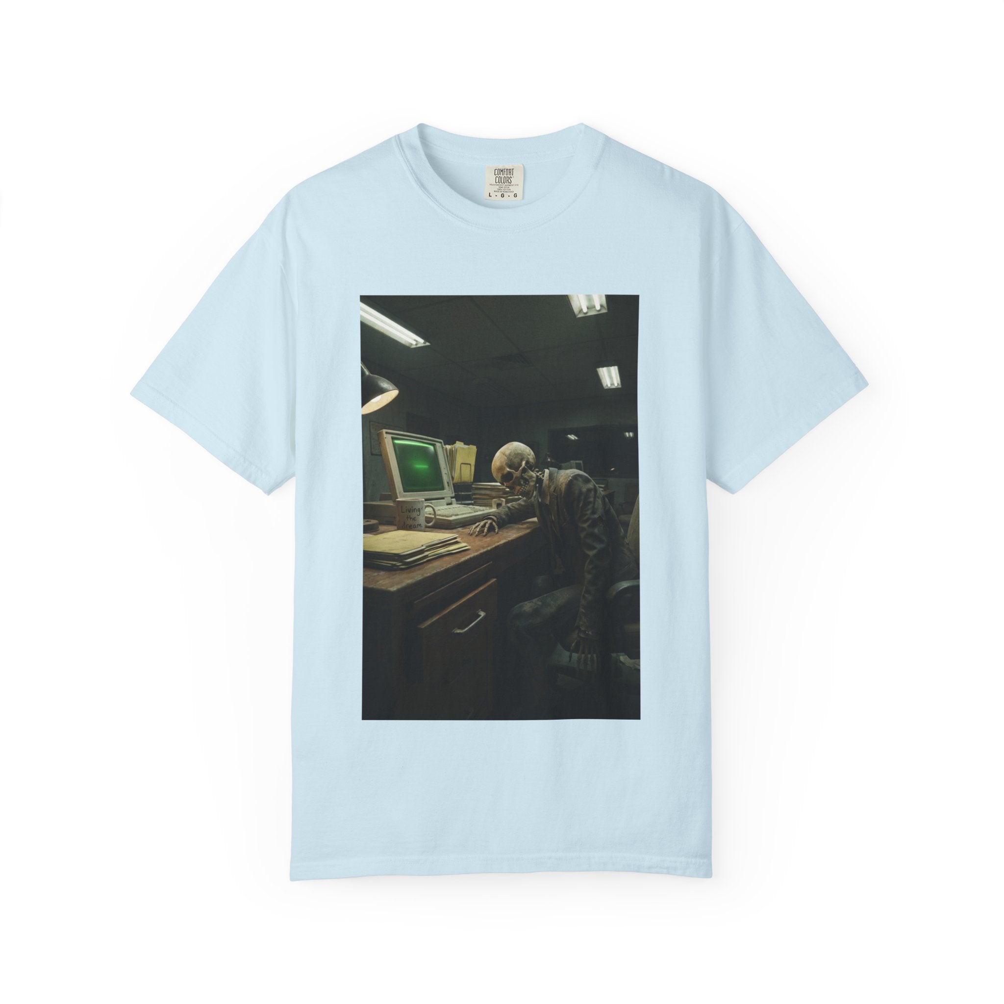 Living The Dream Skeleton T-Shirt - Funny Corporate Burnout Shirt - Vintage Aesthetic Dark Humor Office Tee - Sarcastic Work Gift Chambray