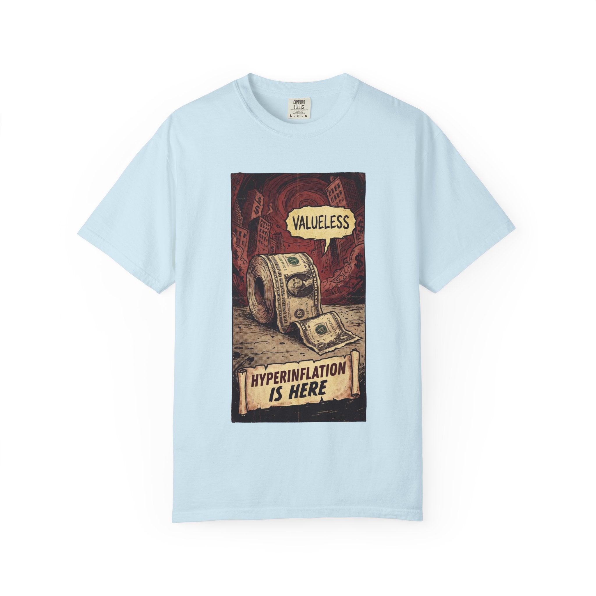 Hyperinflation Is Here Shirt, Funny Finance T-Shirt, Valueless Money Toilet Paper Graphic, Vintage Retro Economic Crisis Tee, Sarcastic Political Top Chambray