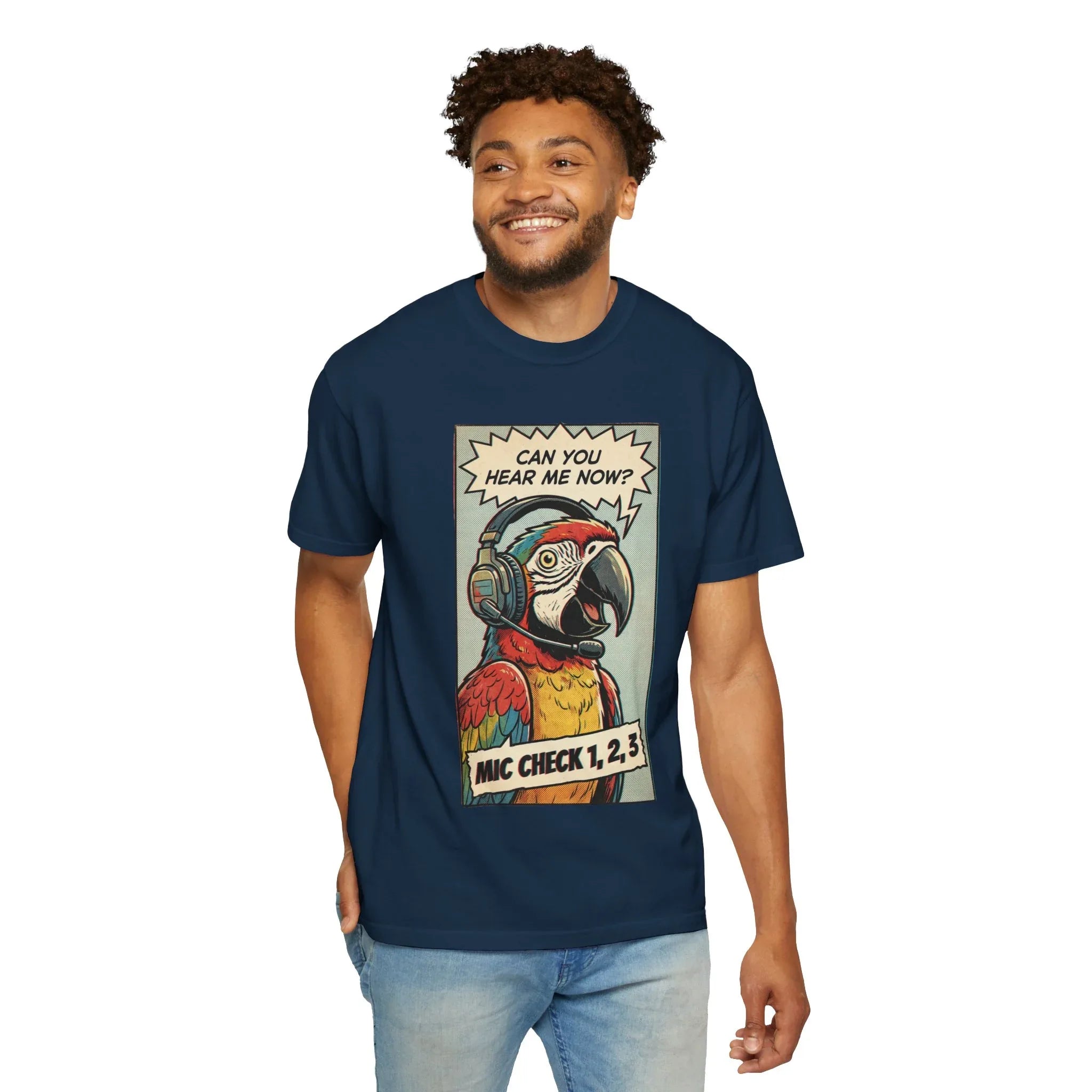 Funny Parrot Gamer Shirt - Vintage Comic Pop Art T-Shirt - Retro Macaw Bird "Mic Check" Graphic Tee - Sarcastic Podcast & Streamer Gift - Aesthetic Bird Lover Streetwear