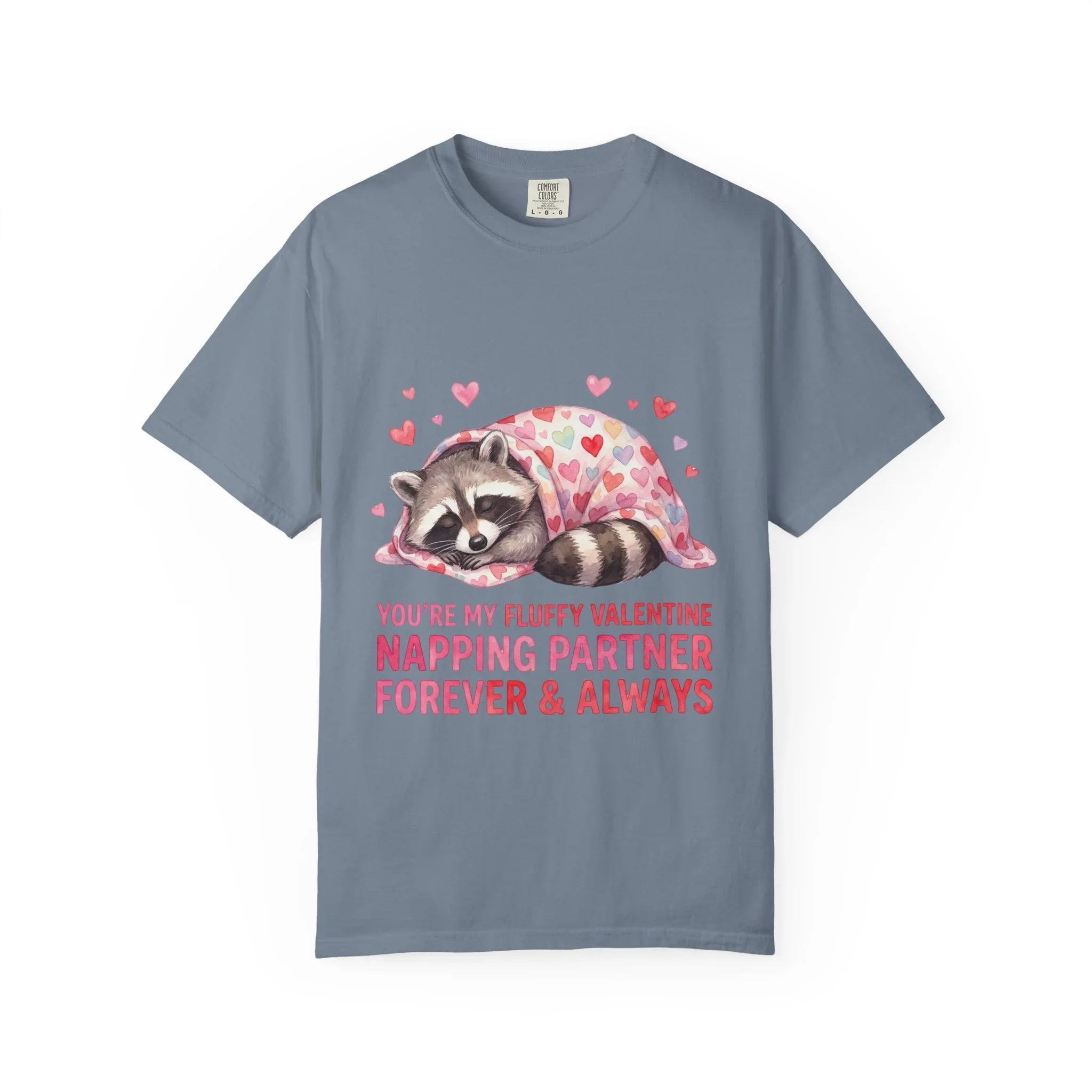Sleeping Raccoon Valentine T Shirt Fluffy Napping Partner Forever Watercolor Cozy Vintage Aesthetic Gift Animal Lovers Soft Cotton Romantic Blue Jean