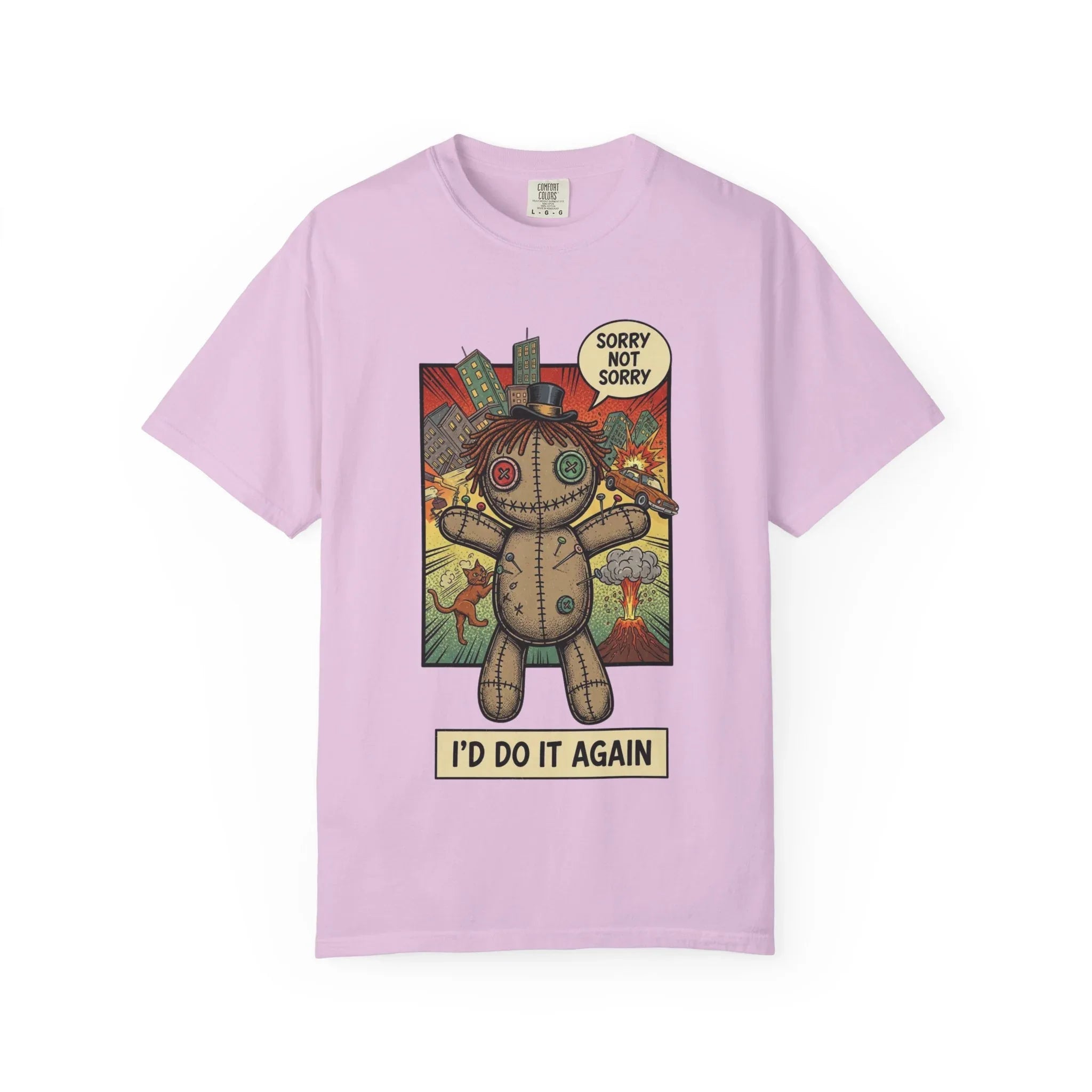Funny Voodoo Doll Sarcastic Shirt - Retro Comic Dark Humor Graphic Tee - "I'd Do It Again" Sorry Not Sorry Unapologetic Mood T-Shirt - Vintage Garment-Dyed Streetwear Orchid