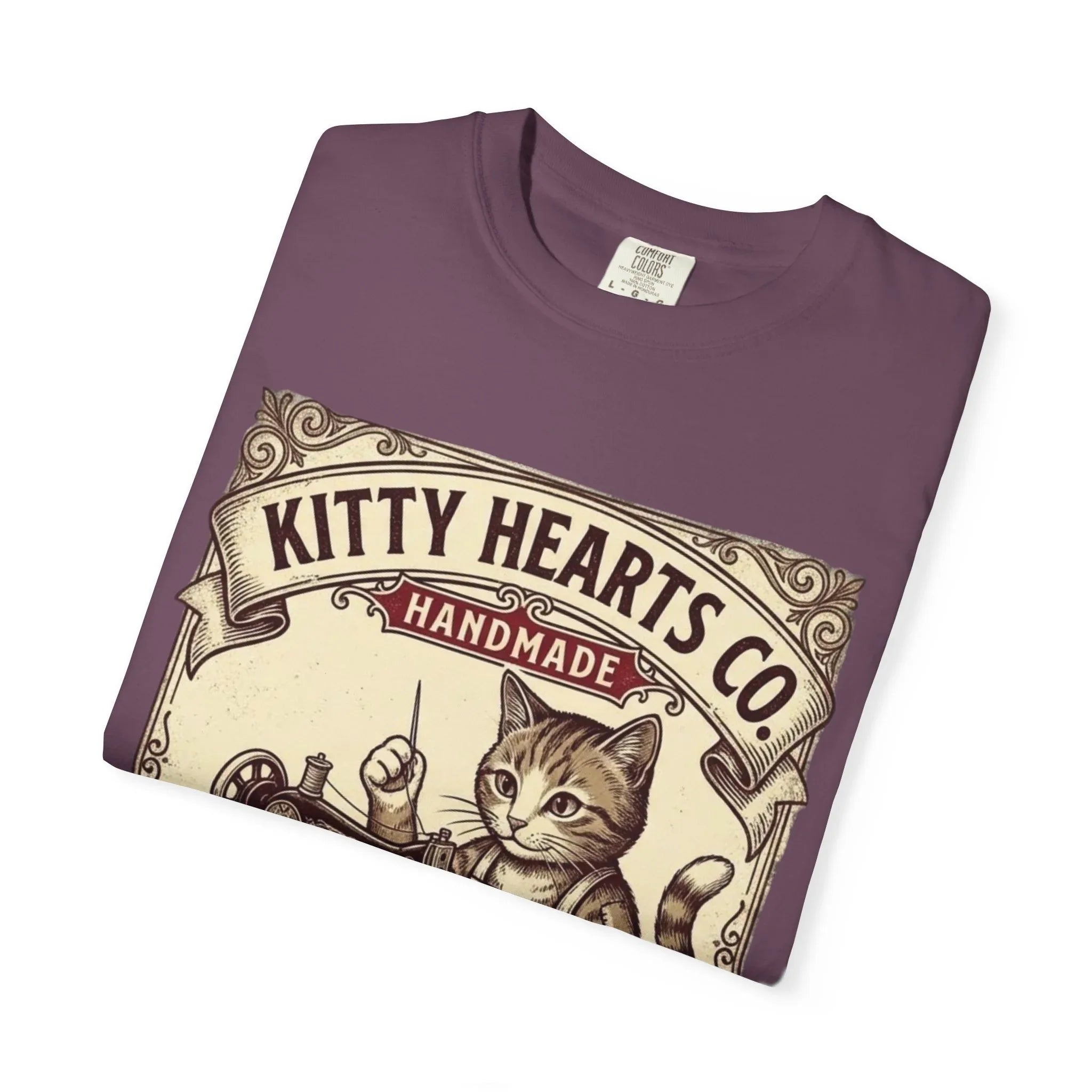 Kitty Hearts Co T-Shirt | Vintage Sewing Cat Made With Purr Graphic Tee | Retro Craft Lover Gift