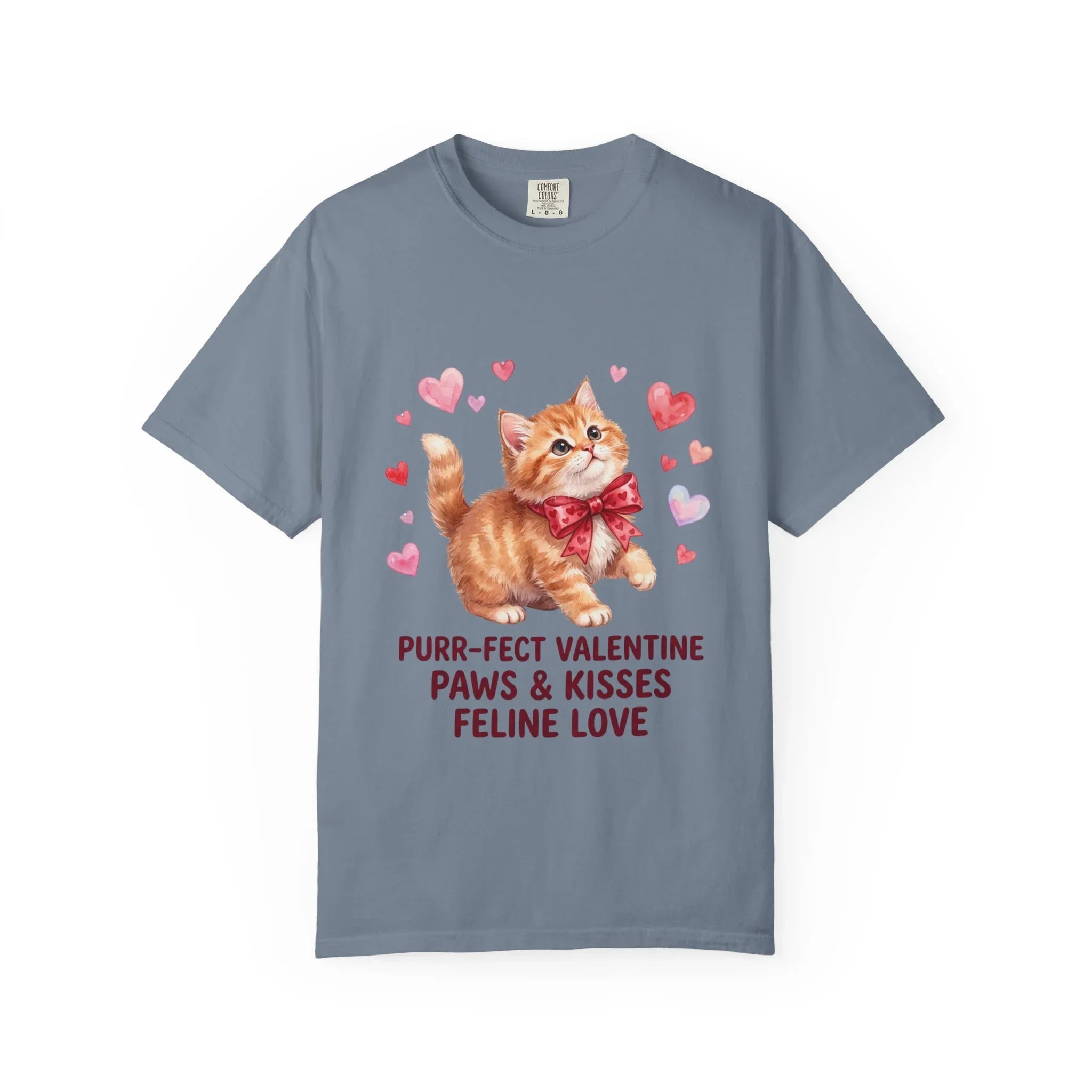 Purrfect Valentine Cat Paws Kisses T Shirt Cute Ginger Kitten Hearts Watercolor Cozy Vintage Aesthetic Gift Cat Lovers Soft Cotton Romantic Blue Jean