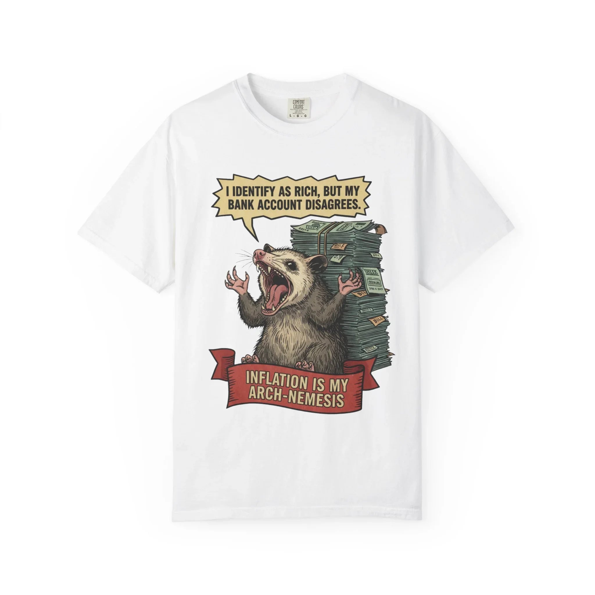 Funny Opossum Shirt - "I Identify As Rich" Inflation Meme Gift - Screaming Possum Hoodie - Relatable Money Humor T-Shirt - Vintage Style Animal Top White