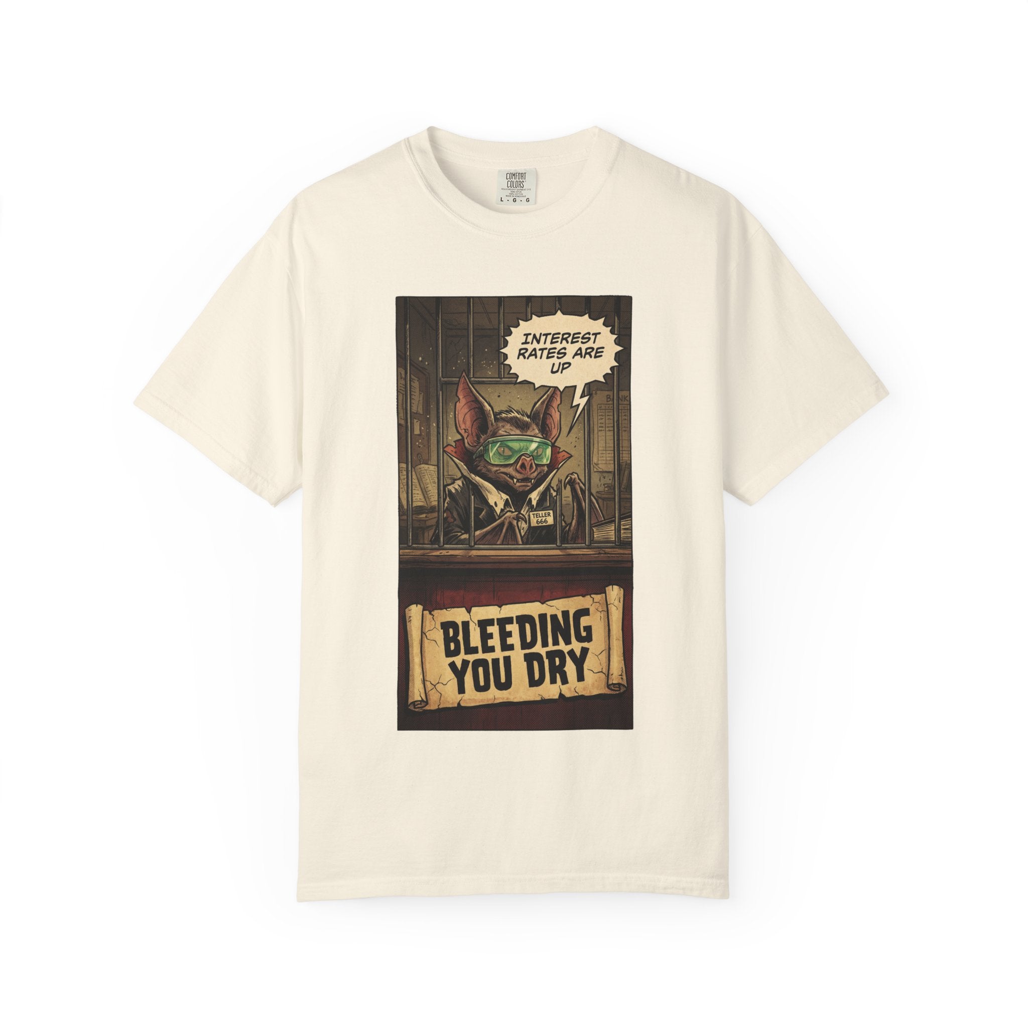 Interest Rates Are Up Shirt, Banker Bat Bleeding You Dry Tee, Funny Finance Satire, Debt & Mortgage Crisis T-Shirt, Vintage Grunge Apparel Ivory